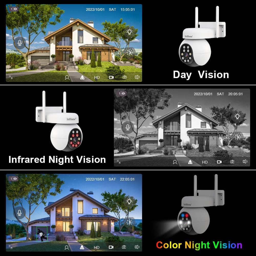 SRIHOME 5MP HD PTZ kamera monitorująca, wykrywanie ludzi, śledzenie ruchu, alarm dźwiękowy i jasny, dwukierunkowy dźwięk, do użytku na zewnątrz/wewnątrz