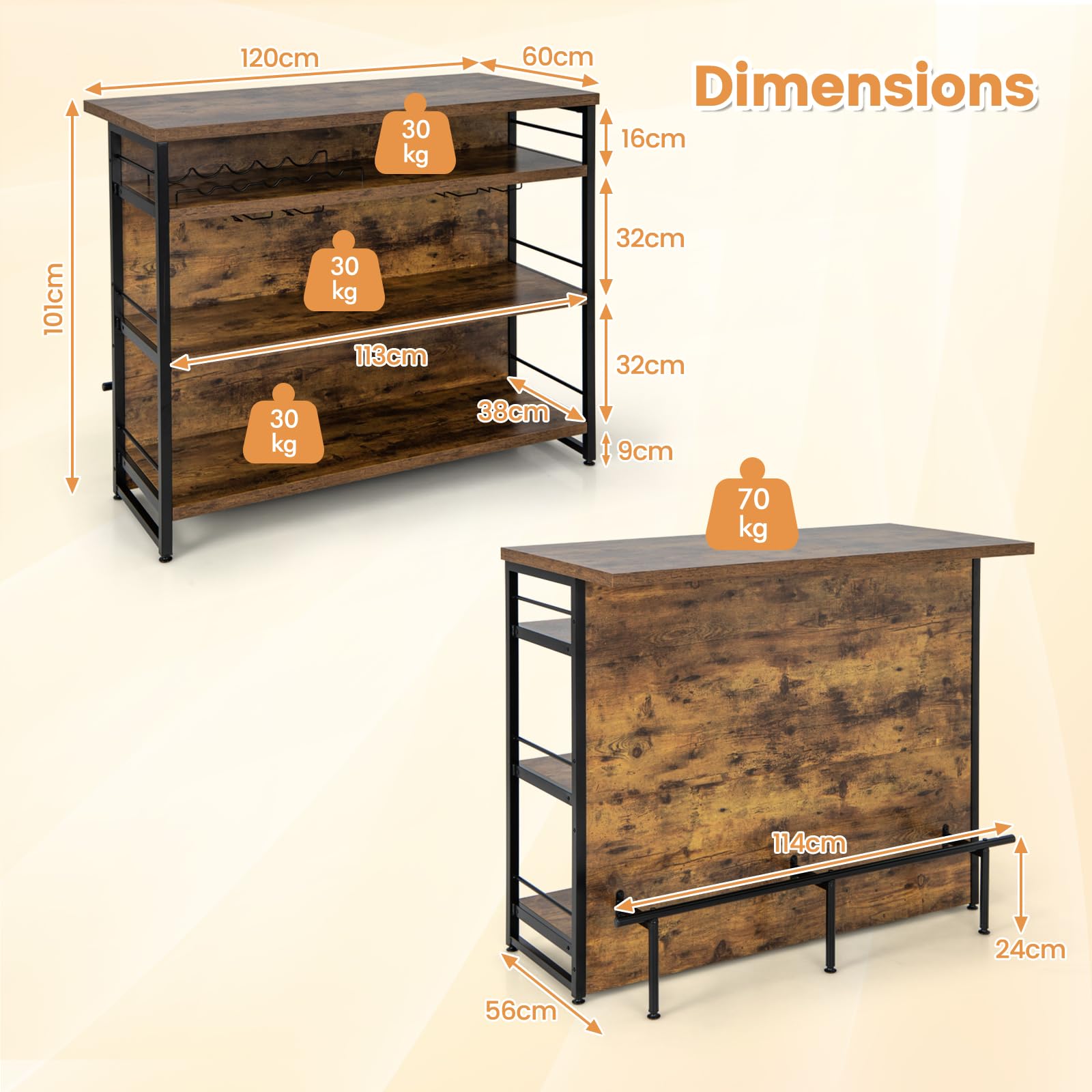 KOMFOTTEU Table de bar 2 en 1 avec espace de rangement - Armoire de bar avec 4 niveaux - Étagère à vin et support en verre - Buffet haut avec pieds réglables - 120 x 60 x 101 cm (marron)
