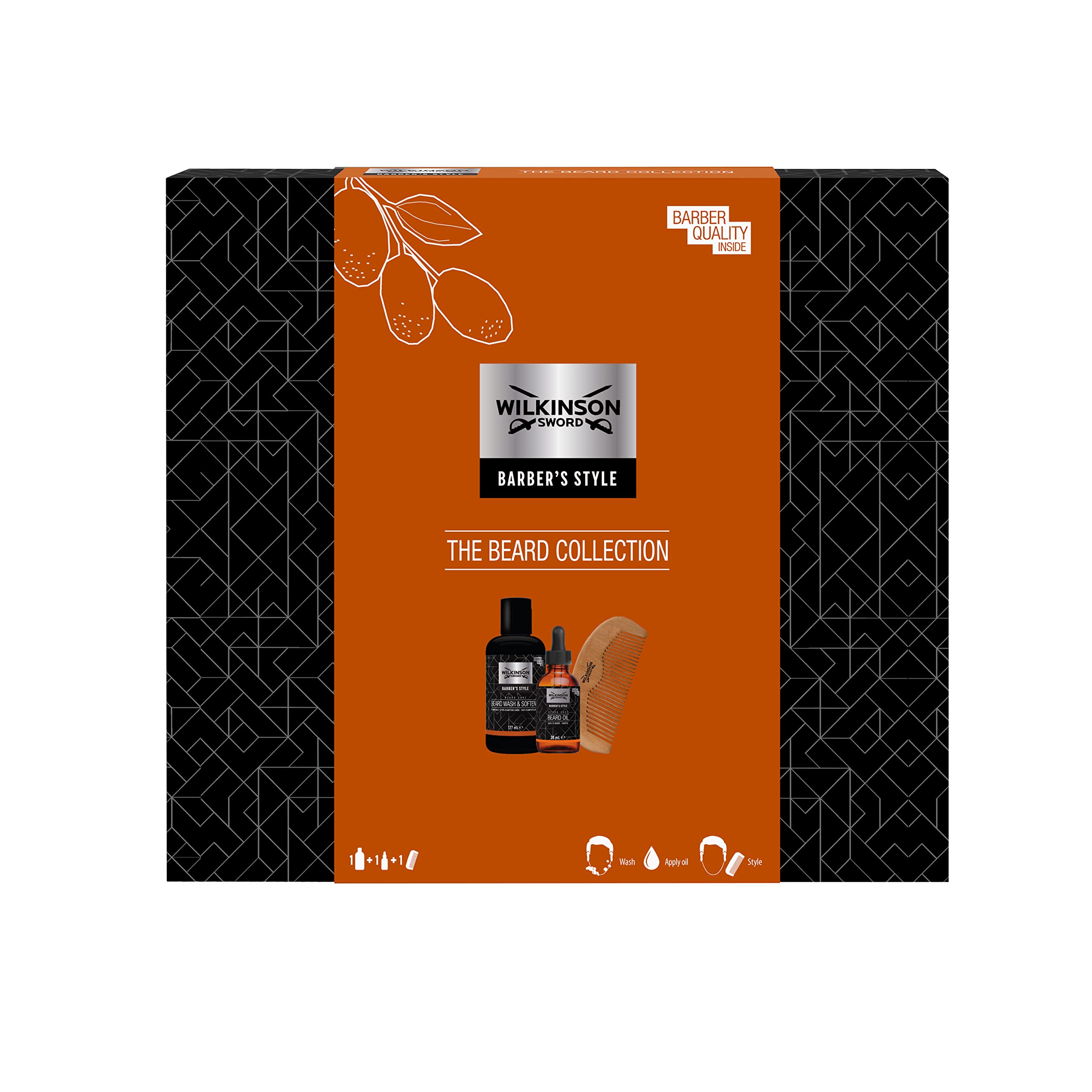Wilkinson Sword Barber's Style - Confezione Regalo The Beard Collection - Contiene 1 Shampoo e Balsamo per Barba, 1 Olio per Barba e 1 Pettine per Barba, 291.5 grams