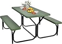 Vista 13 de GYMAX Mesa de pícnic, banco de picnic fácil de montar con mesa de grano de madera para todo tipo de clima y marco de metal, mesas de picnic