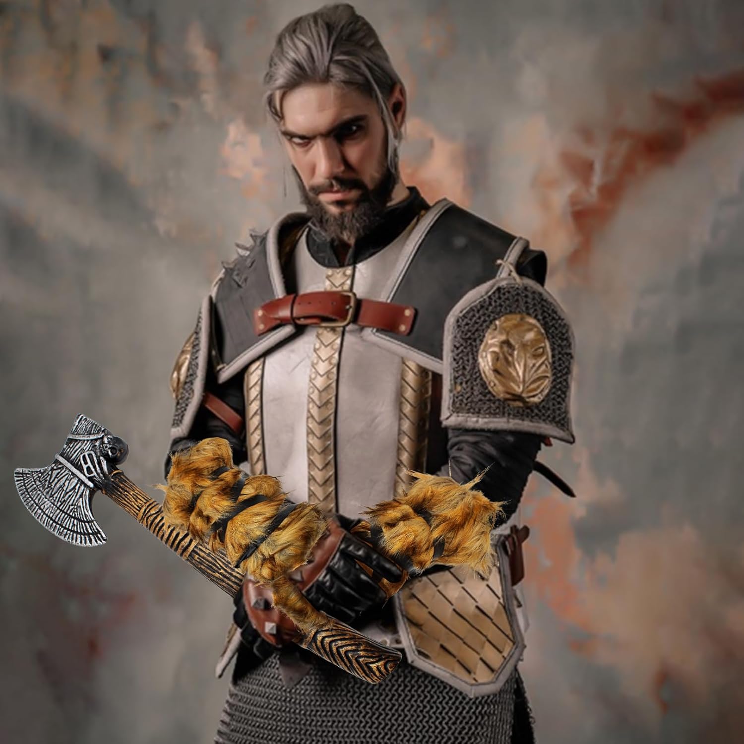 3 Pcs Halloween Viking Warrior Costume Set, Brown Furry Faux Fur Leg Arm Wraps Warmers,Fluffy Long Shoes Boot Cuffs Covers, Leather Strap Viking Axe,for Women, Men,Medieval Cosplay Party Accessories - Image 4