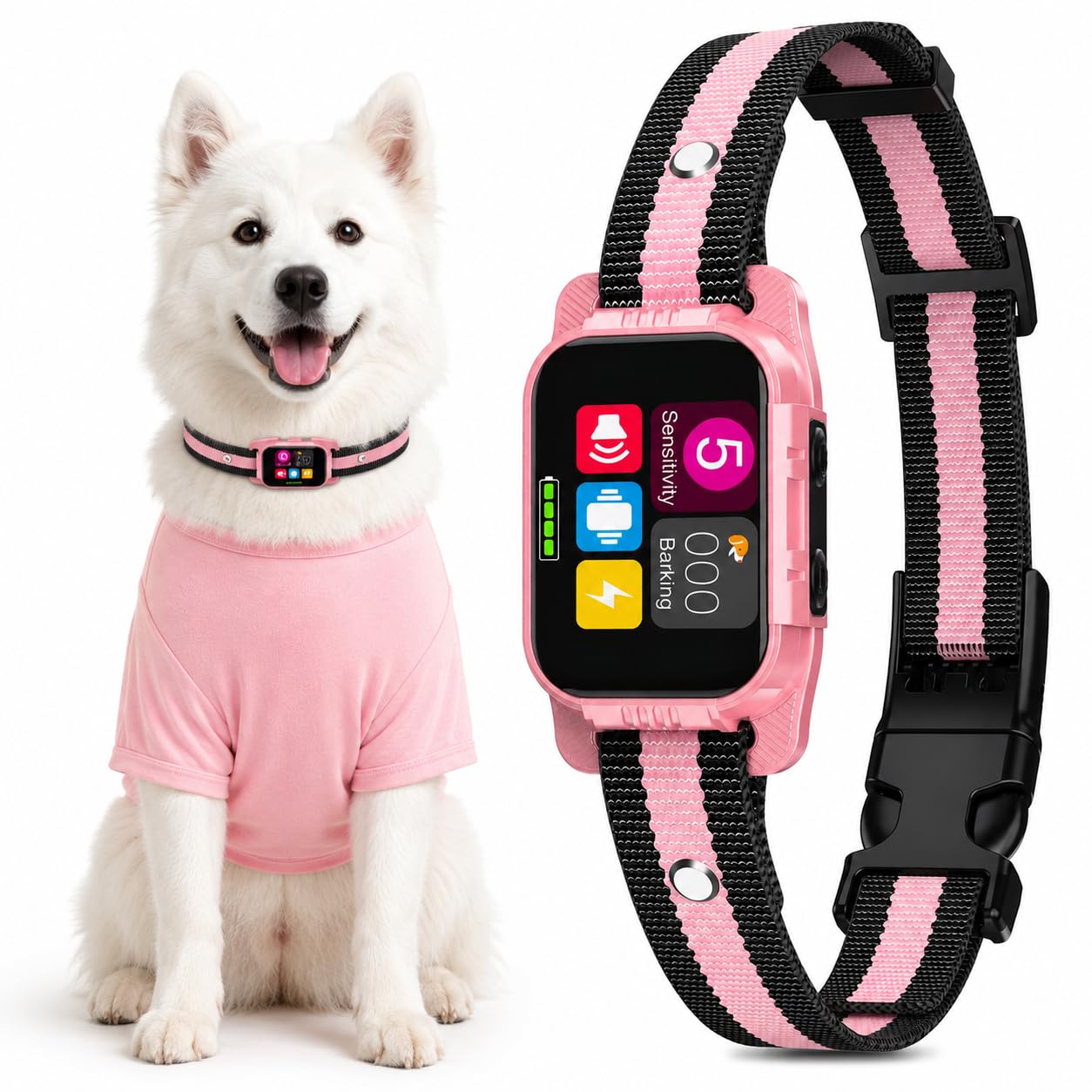 Smart Dog Bark Collar - Anti Barking Device for Large Medium Small Dogs, Stop Excessive Barking &amp; Aggression Behavior, with 5 Modes &amp; 5 Sensitivity, IP67 Waterproof for Indoor/Outdoor Use, Pink