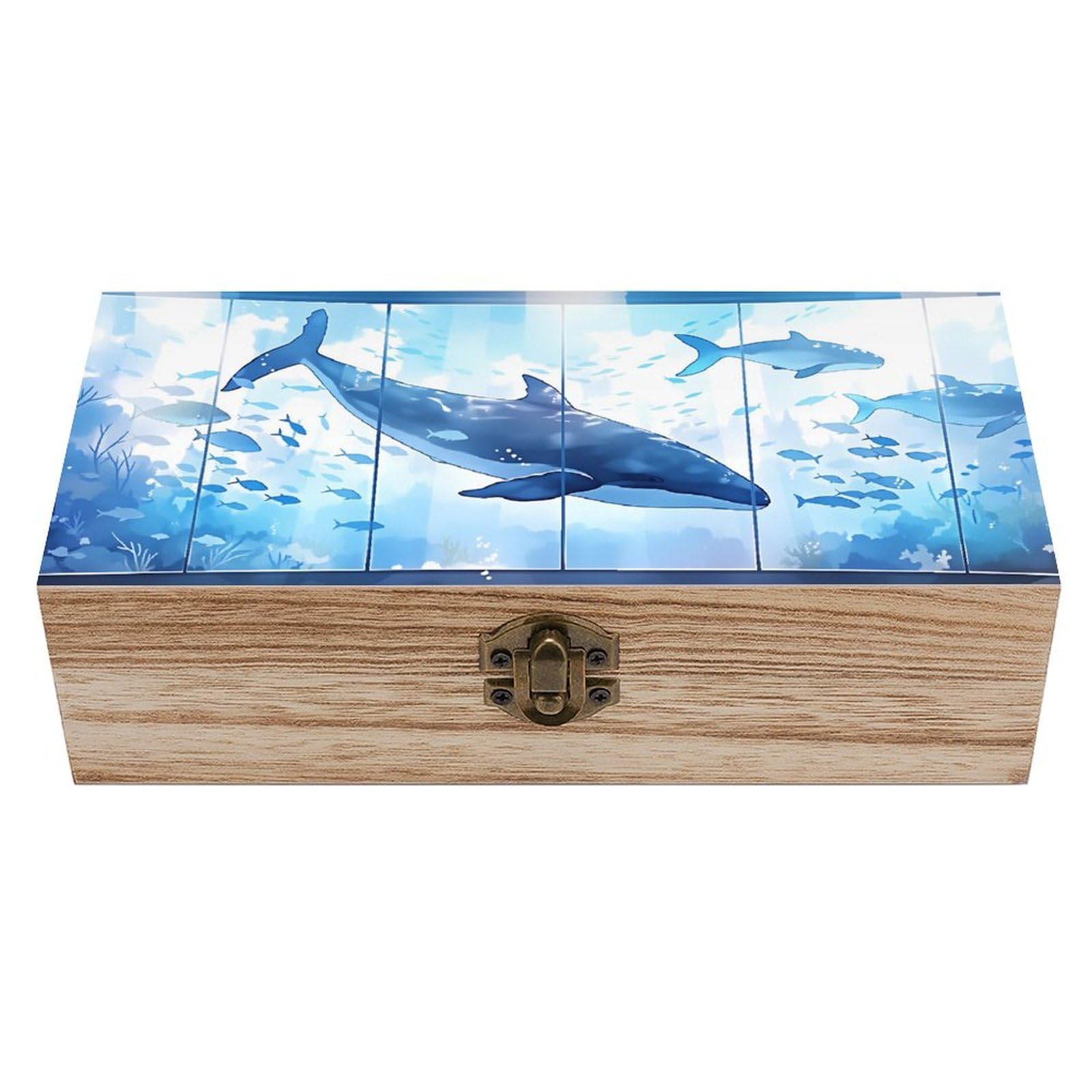 HLBSDM Whale & Jellyfish Wooden Storage Box with Hinged Lid,Vintage Gift Box Natural Wood Keepsake Decorative Rustic Jewelry Box 7.9" L*3.9" W*2.3" H