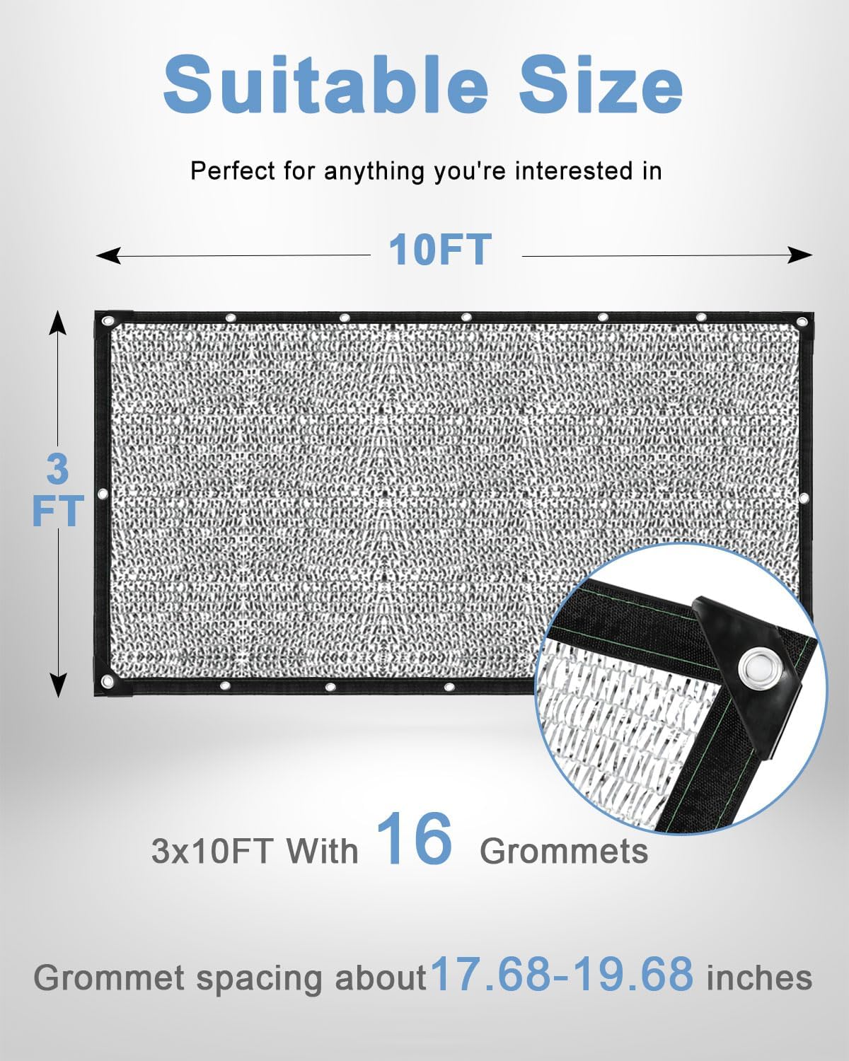 vensovo 50% Aluminum Shade Cloth - Reflective Aluminium Shade Netting Sun Shade Cover with Grommets for Cars, Dogs, Outdoor, RV, Patio (3x10FT)