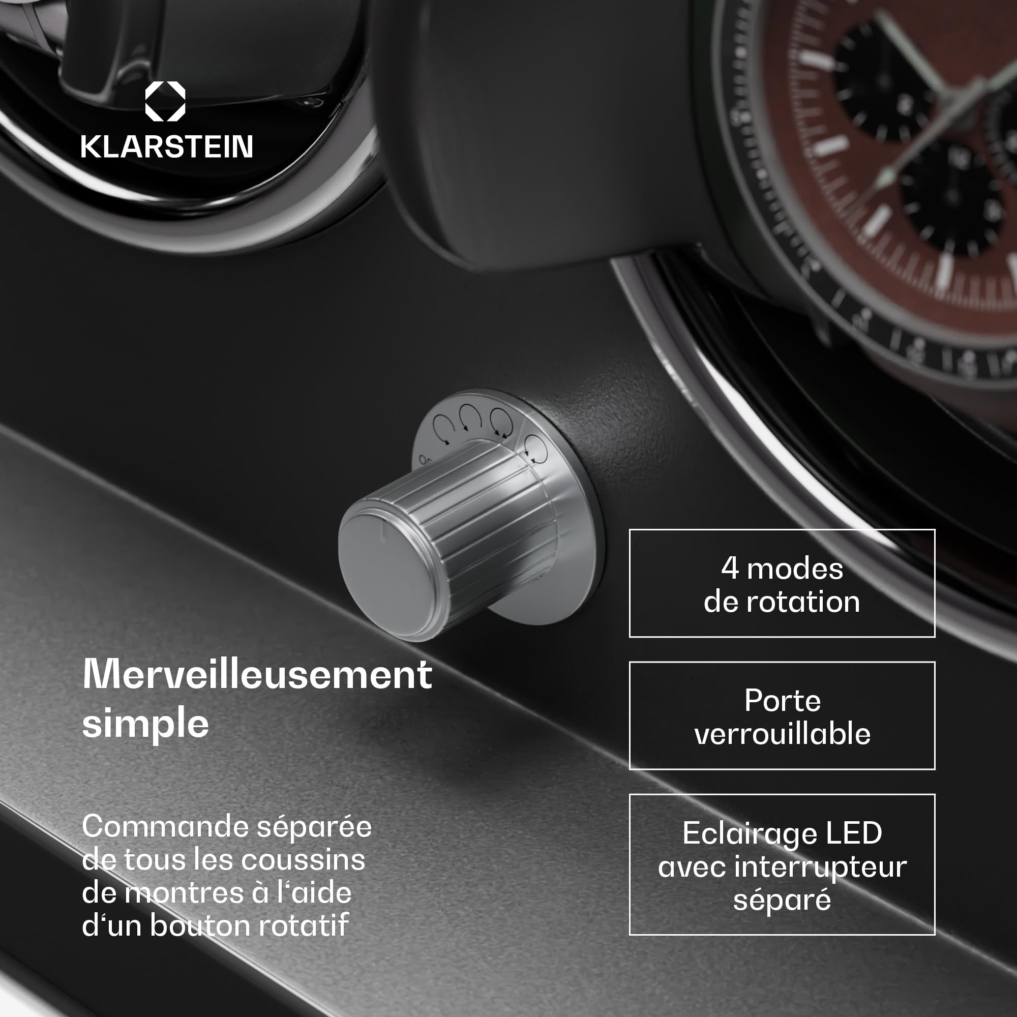 KLARSTEIN Remontoir pour Montres automatiques, Remontoir de Montre Automatique pour 3 Montres, Remontoir de Montre Automatique avec Porte en Acrylique, LED Bleues, avec 5 réglages TPJ