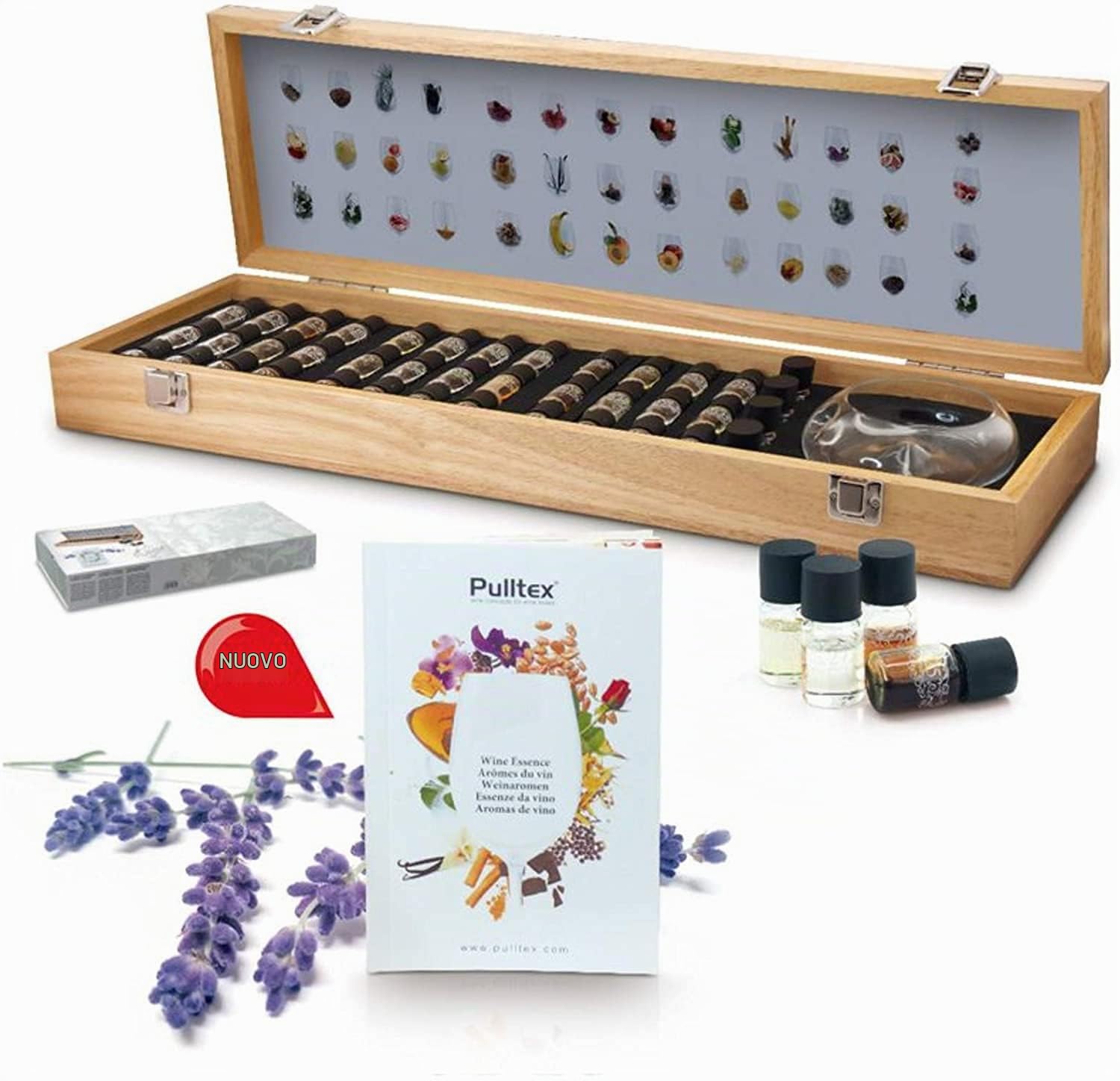 Pulltex n°40 Essenze Vino con Tastevin, Libro Multilingue e Cofanetto | 40 essenze vino: 12 rossi, 12 bianchi, 16 complessi, tastevin cristallo, guida 5 lingue, cofanetto legno