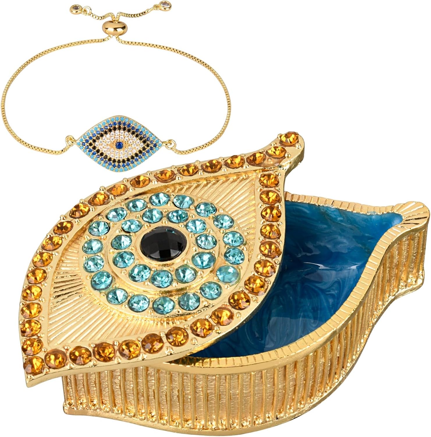 KENZY GIFTS Evil Eye Jewelry Box – Handmade Gold Keepsake Box with Magnetic Closure & Crystals – Decorative Storage for Bracelets, Necklaces, Santa Gifts & Boho Home Decor
