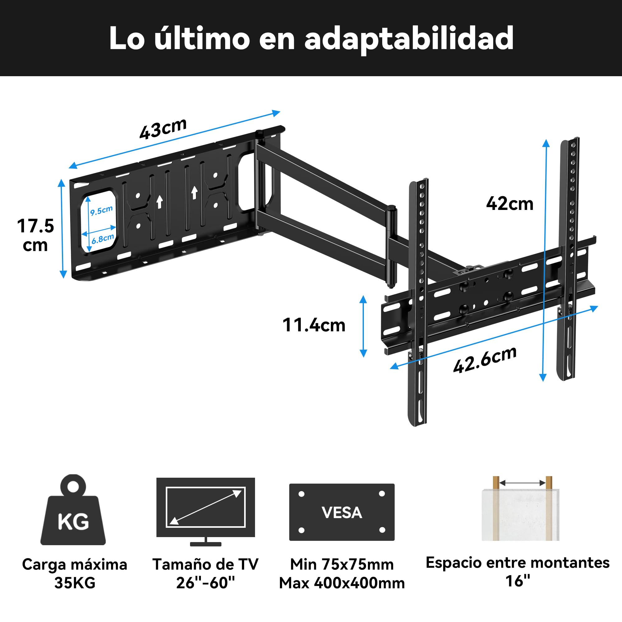FORGING MOUNT Soporte TV Pared con Brazo Articulado Largo de 650mm para Pantallas de 26-60" de Planos/Curvos LCD/LED/OLED, Soporte Pared TV con Giratorio e Inclinable, hasta 35kg, VESA Máx 400x400 mm