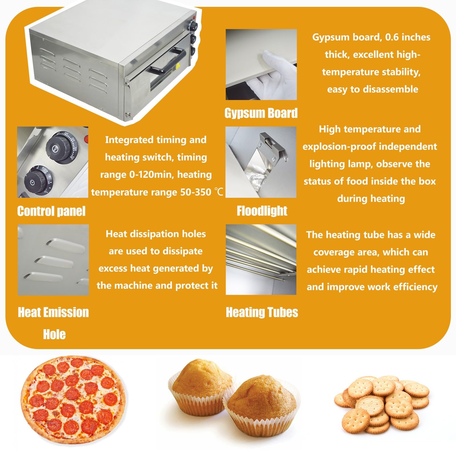 Horno de pizza comercial de 110 V, máquina de hornear de pizza de una sola cubierta, horno portátil de acero inoxidable de 2KW con control de tiempo 0-120 minutos para el hogar y el 5