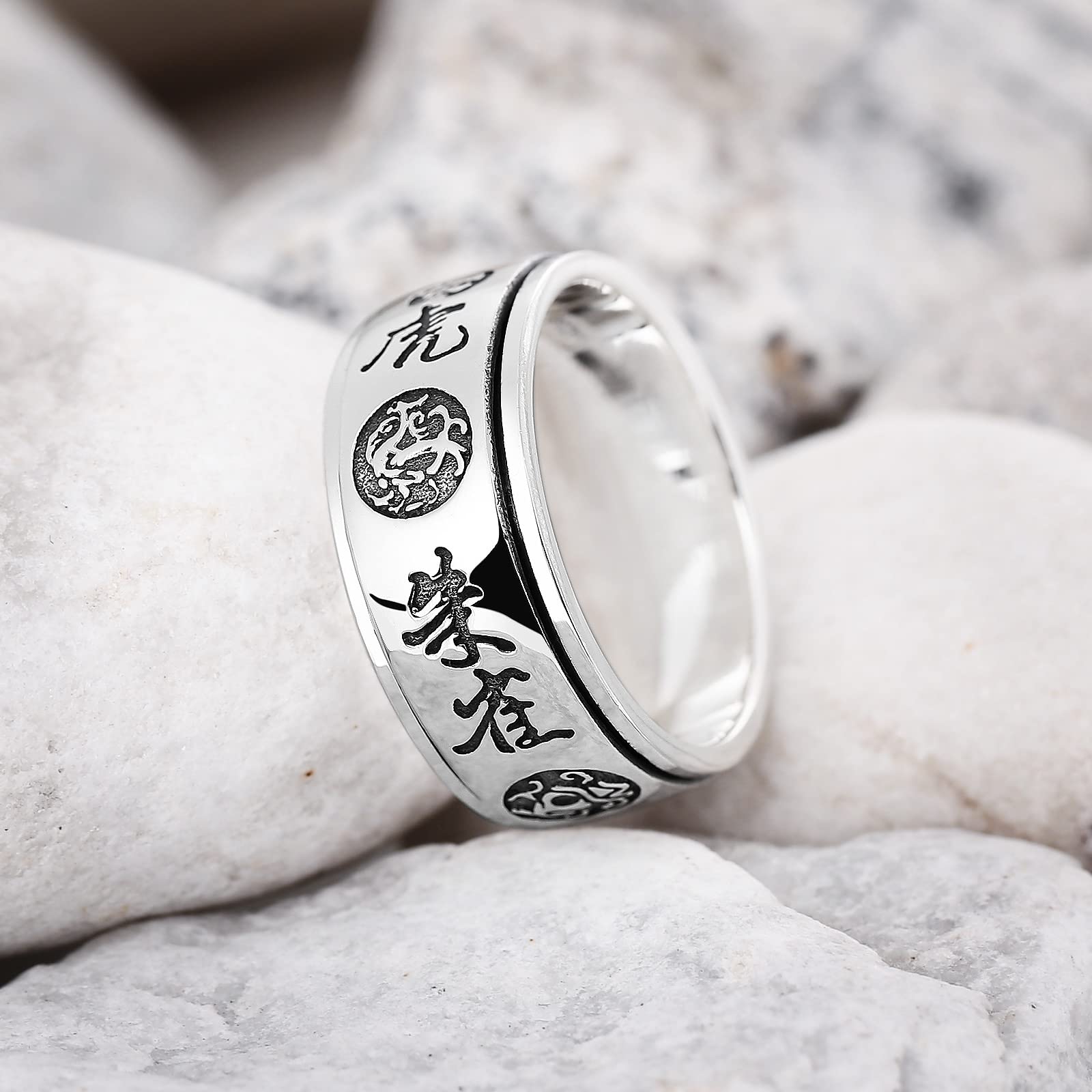 Gualiy Anillos de plata de ley 925 maciza para hombre, anillos punk para hombre, plata de ley 925 giratoria con patrón de tigre de dragón, anillo de compromiso, tamaño O 1/2 - W 1/2, Sin piedras