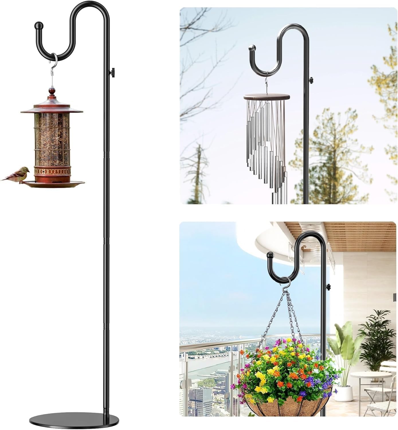 74" Adjustable Shepherd's Hook Stand, Heavy Duty Metal Pole Holder, 20 LBS Capacity, Free Standing for Hanging Bird Feeders Plants Lanterns Wreath Wind Chimes, Indoor Outdoor Use