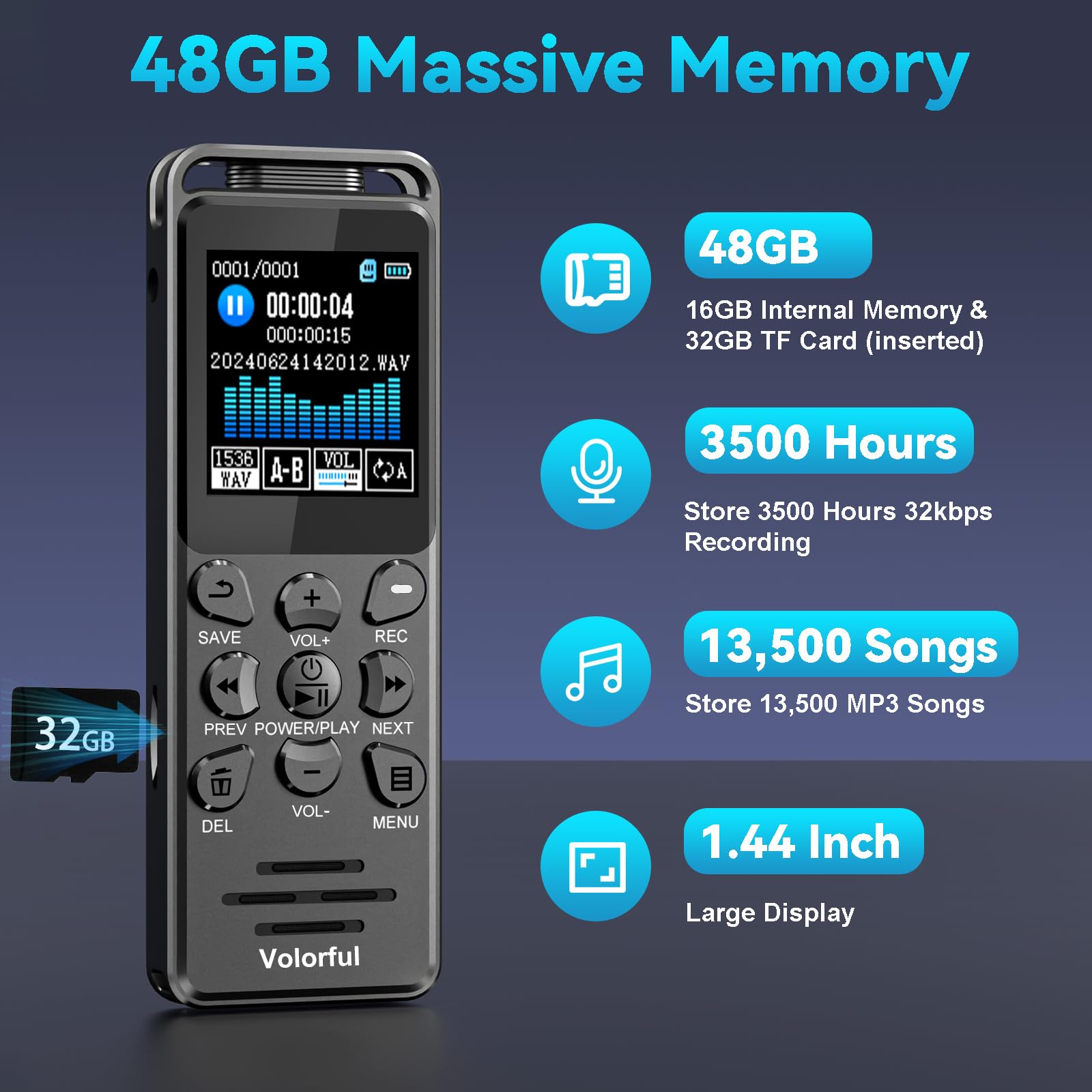 48GB 70H Dictaphone Enregistreur Vocal Numérique, Volorful 1,44" Écran Couleur Enregistreur Audio avec Microphone Externe/Activation Vocale, USB-C Enregistreur de Voix pour Réunions Entretiens Classe