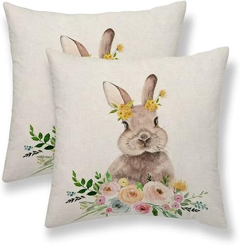 Sunshineyan Juego de 2 fundas de almohada de Pascua de 18 x 18 pulgadas fundas de almohada florales de Pascua de conejo fundas de cojín decorativas
