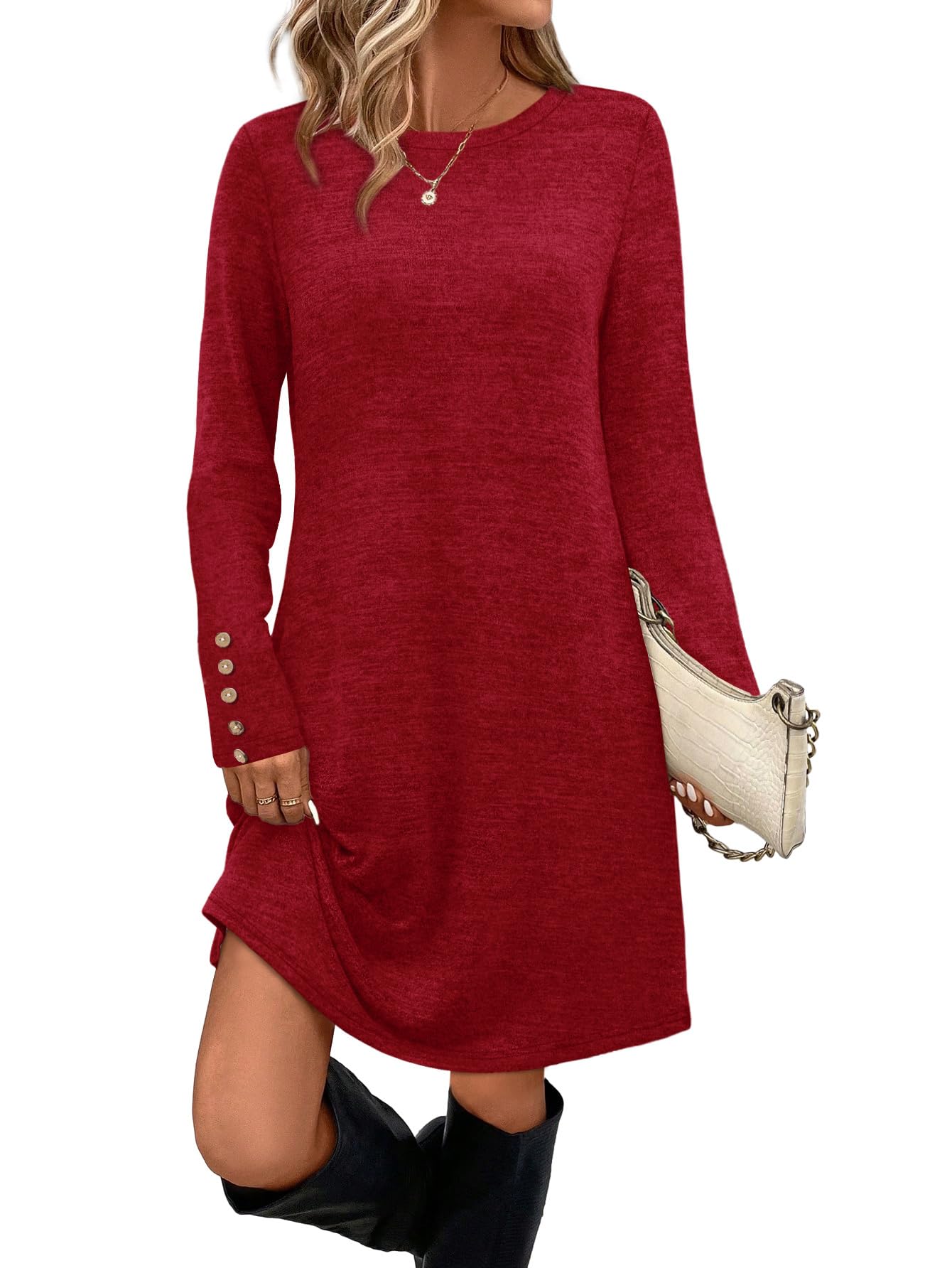 OFEEFAN Long Sleeve Dress for Women Crew Neck Tunic Dress with Pockets Decorative Buttons