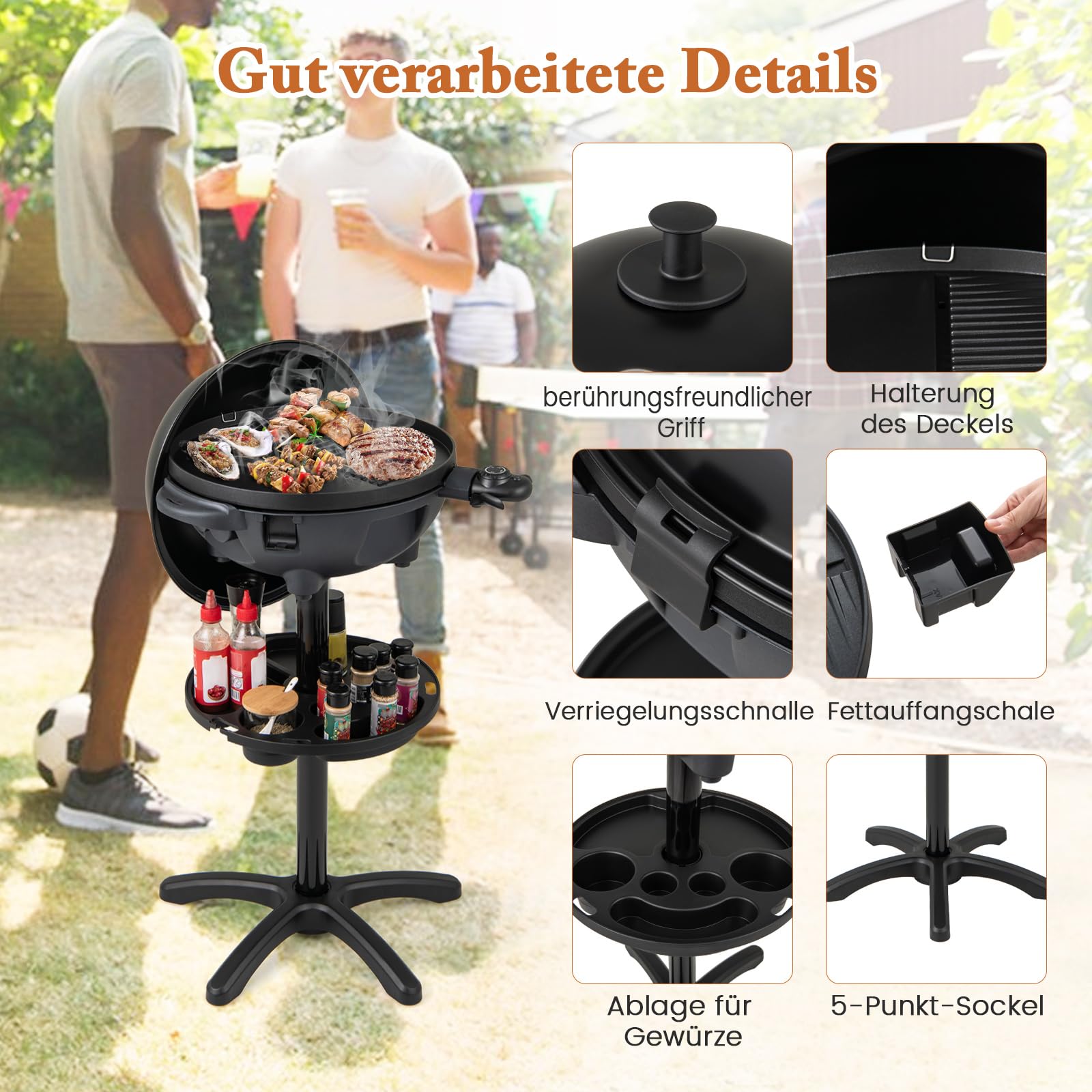 GOPLUS Elektrogrill für Balkon, Standgrill mit einstellbarer Temperatur, 2-Zonen Antihaftplatte, stabiler Tischgrill mit Gewürzregal & Fettauffangbehälter, für Innen- & Außenbereich
