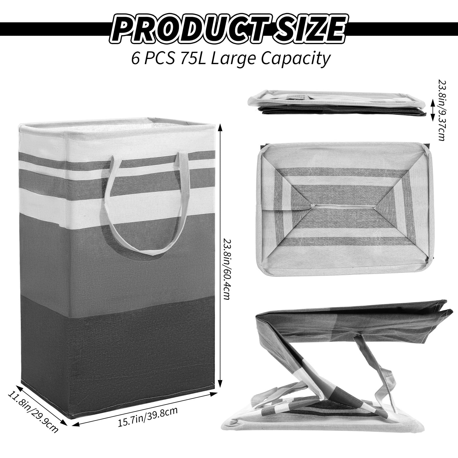 Ubamdom 6 Pack Laundry Hamper Freestanding, Large Laundry Basket, 75 L Collapsible Tall Clothes Hamper with Easy Carry Handles for Clothes, Towels in the Family and Dorm, Gradient Grey