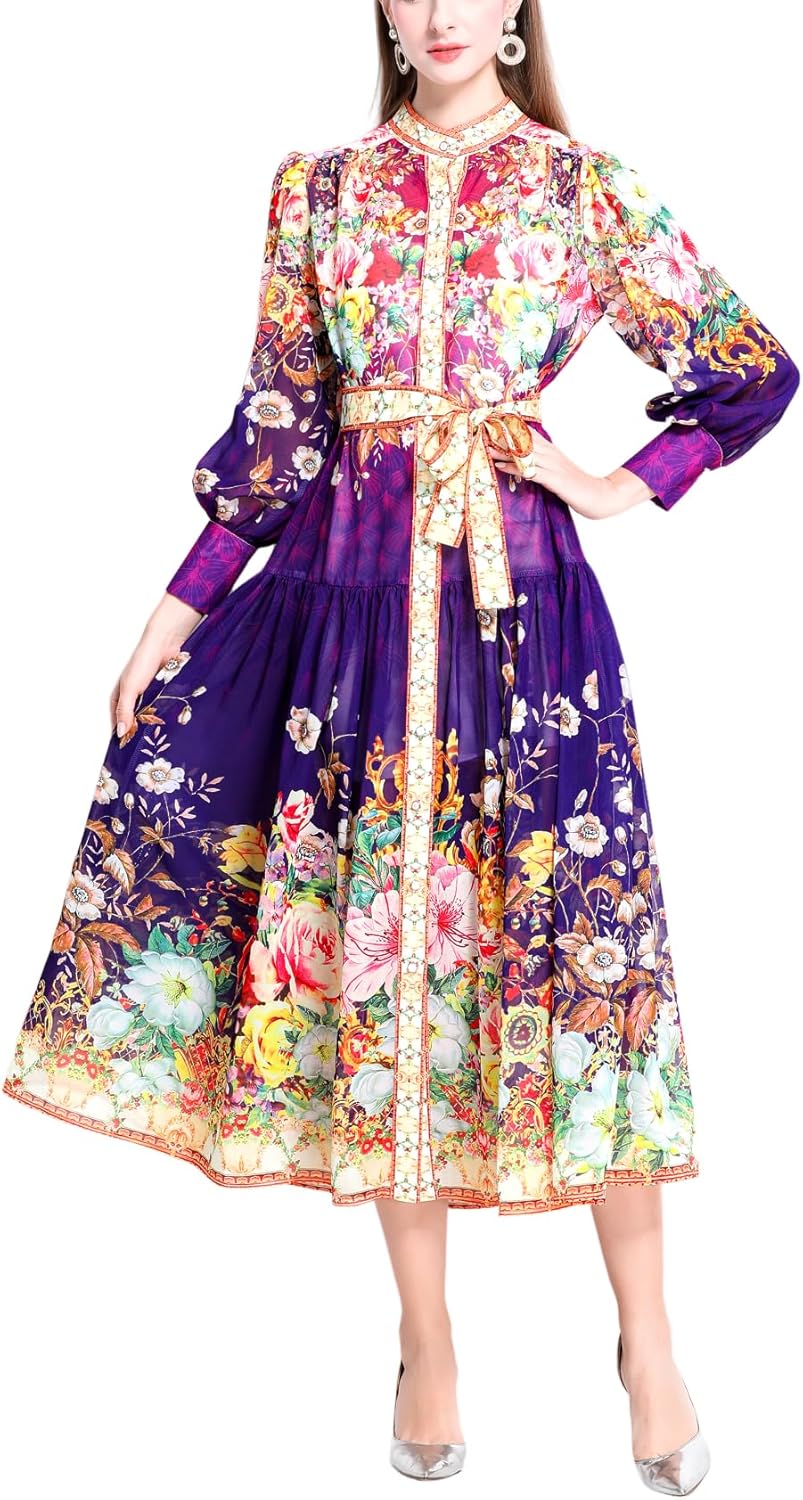 Women's Retro Print Dress, Bohemian Style, A-line Maxi Dress, Tie Waist Lantern Sleeves, Stand Collar Dress