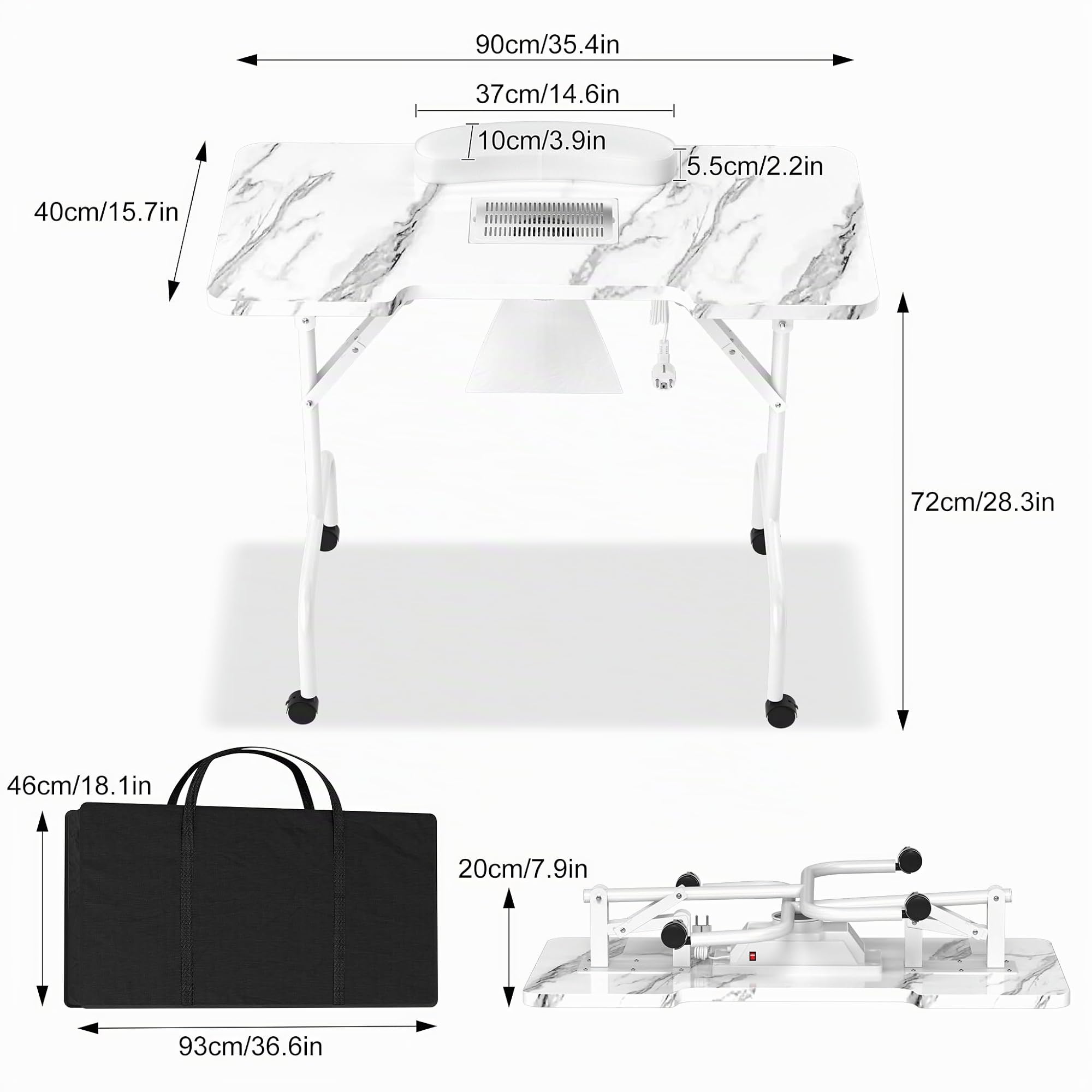 Froadp 94 x 48 x 72 cm Mesa de manicura con succión plegable mesa de uñas plegable mesa de estudio con ruedas cojín de mano cajón y bolsa de almacenamiento mesa de manicura para salón de uñas, vetas