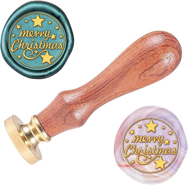 SUPERDANT Merry Christmas Wax Seal Stamp with Stars Pattern 25mm Seal Wax Stamp Brass Head Wooden Handle Vintage Stamp for Wedding Invitation Gift Wrapping Greeting Card Envelope