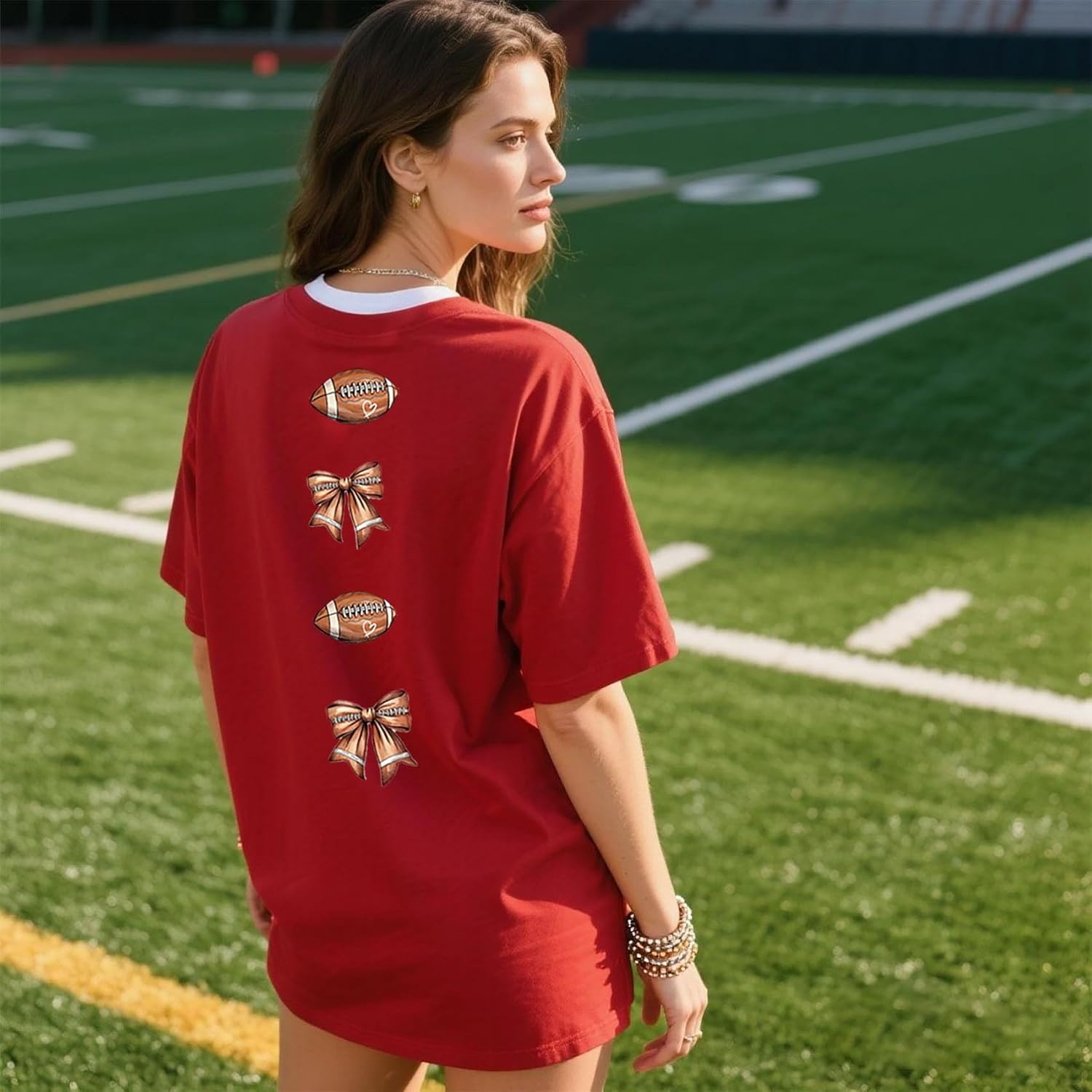 Game Day Shirt Women Oversized Football Shirts Football Mom T-Shirt Bow Tshirt Causal Short Sleeve Tee Tops - Image 6