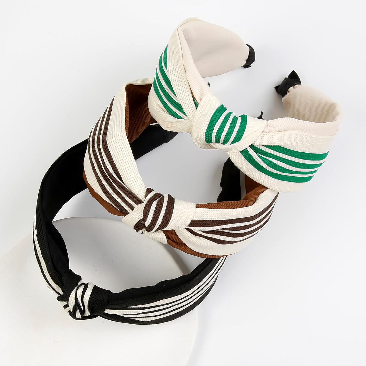 WOVOWOVO 3 Packs Knotted Headbands for Women, Striped Thick Texture Hairbands Non Slip Womens Fashion Head Bands, Cute Black Khaki Beige Headband Hair Accessories - Image 5