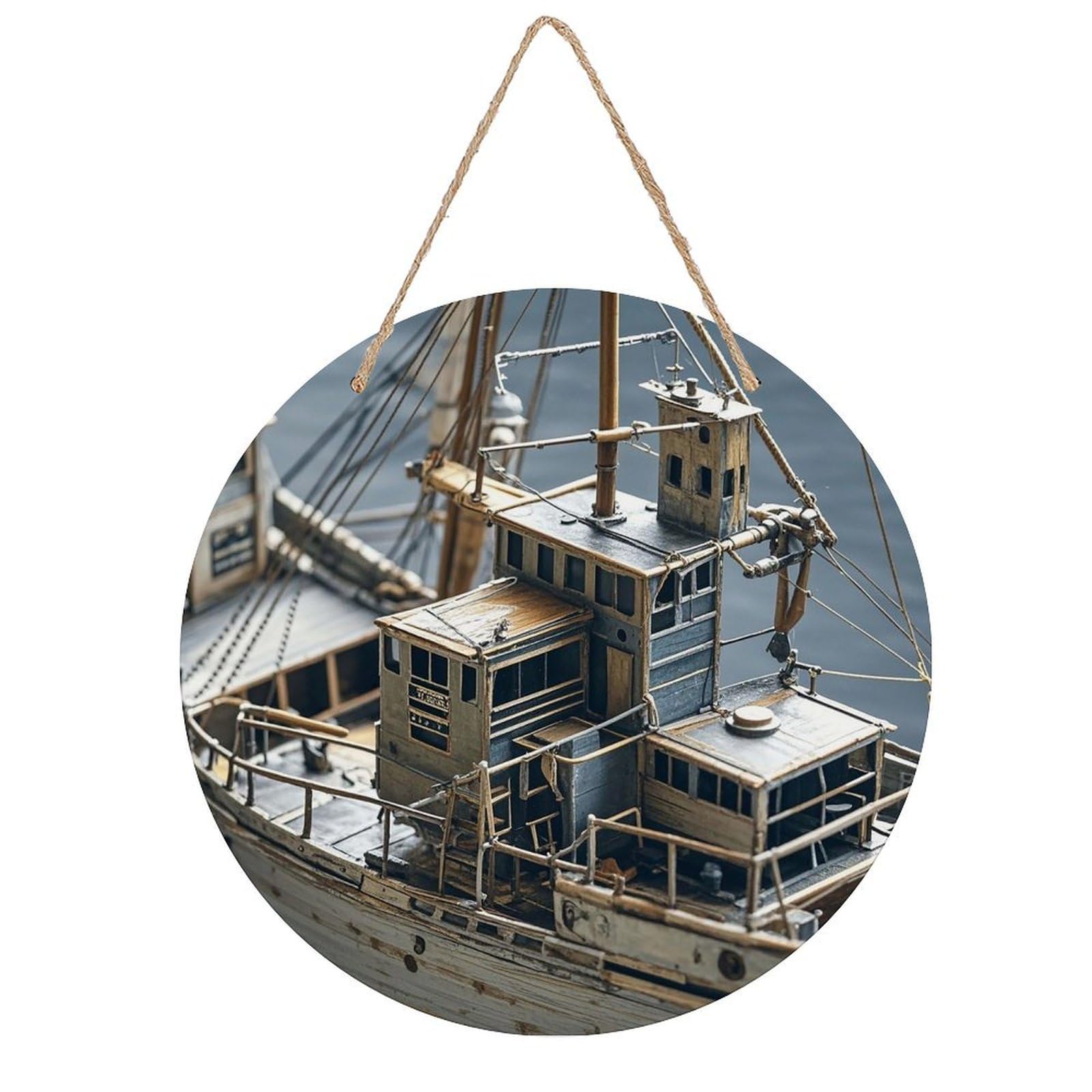 VstaDank Boat Wall Decor Round Wood Hanging Sign 7.9x7.9 in Wooden Circle Door Hanger with Ropes, Rustic Wall Art Decor for Home Front Door Indoor Outdoor Decoration