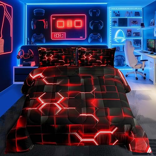 Feelyou Red and Black Bedding Set Queen Size Honeycomb Comforter Set for Kids Bo