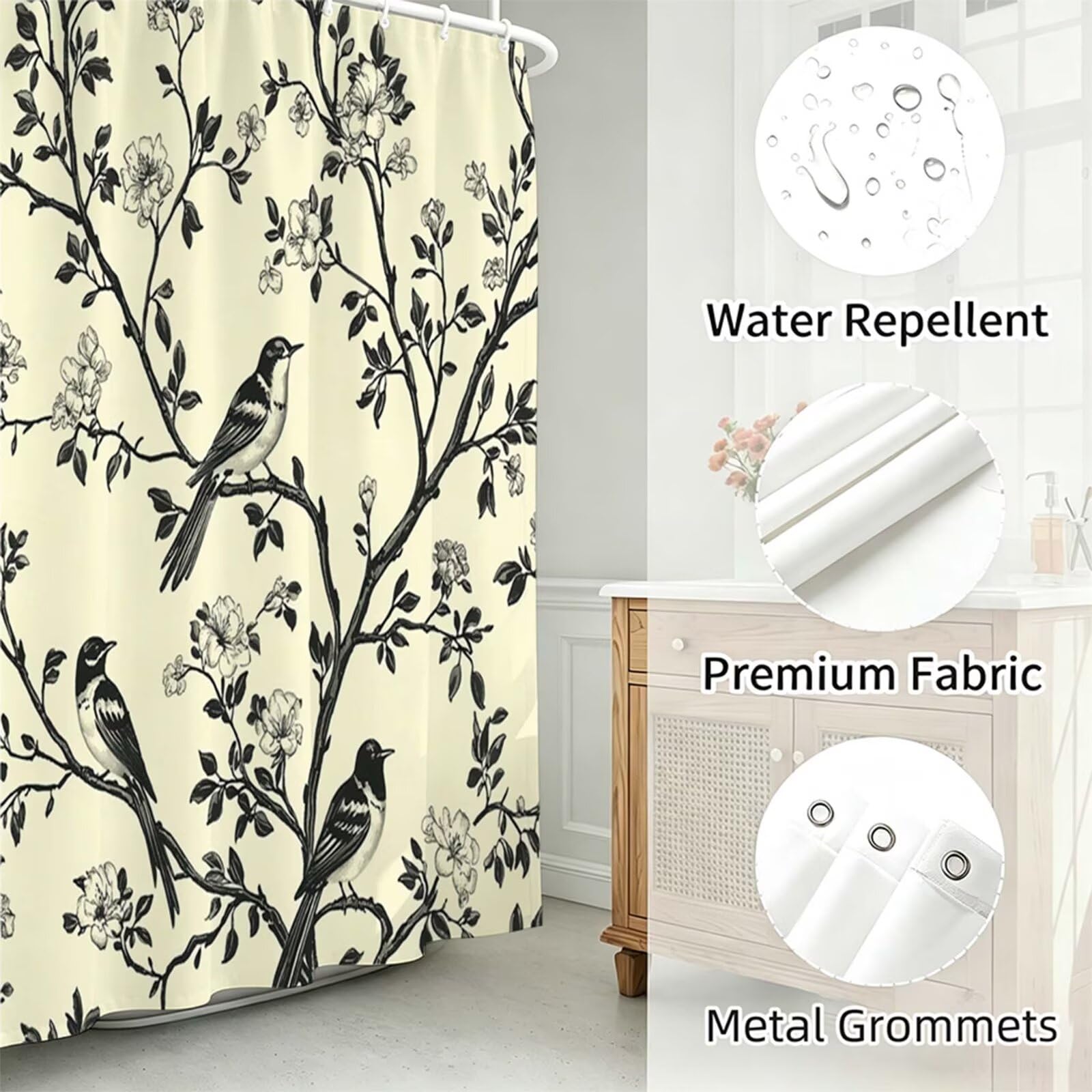 Beige Tenda Doccia 230x180cm, Tenda per Doccia Tessuto Poliestere Impermeabile Asciugatura Rapida con 12 Anelli, Tende Finestra Bagno e Vasca Pieghevole per Angolare Casa Shower Curtain uccello J-446