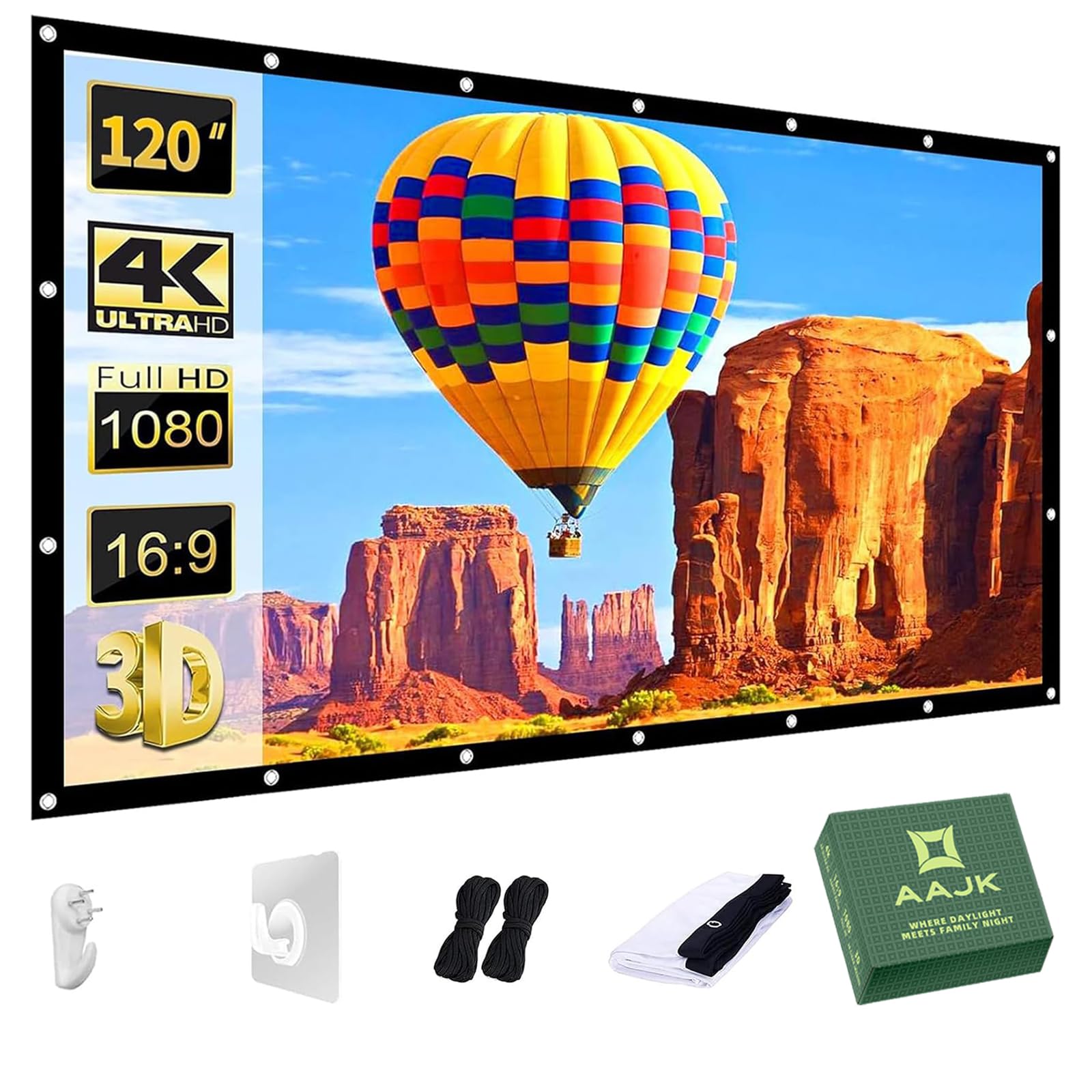 AAJK Projector Screen 120 inch, Washable Projector Screen 16:9 Foldable Anti-Crease Portable Projector Movies Screen for Home Theater Outdoor Indoor Support Double Sided Projection