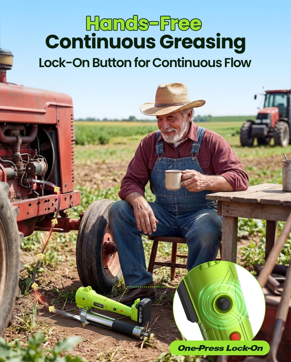 Close-up of TaskStar Electric Grease Gun showing the lock-on trigger for continuous greasing.