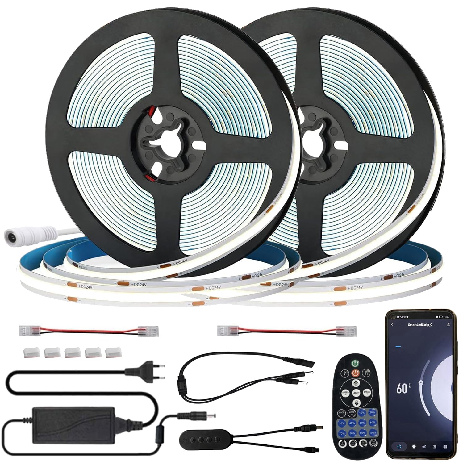 Striscia LED COB WIFI, 10m (2x 5m) Bianco Freddo 6000K, dimmerabile con alimentatore 24V & telecomando IR, 8mm larghezza, Musica, autoadesiva, IP20, compatibile con APP Tuya