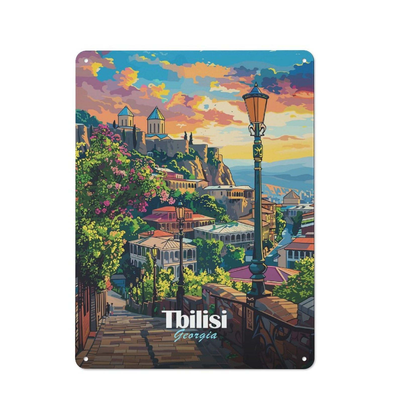 Junmoney Tbilisi, Georgia Cityscape Illustration Rustic Metal Wall Sign 40X30cm For Studio Or Craft Room, For Vintage Wall Decor Fans, For Themed Room Decoration
