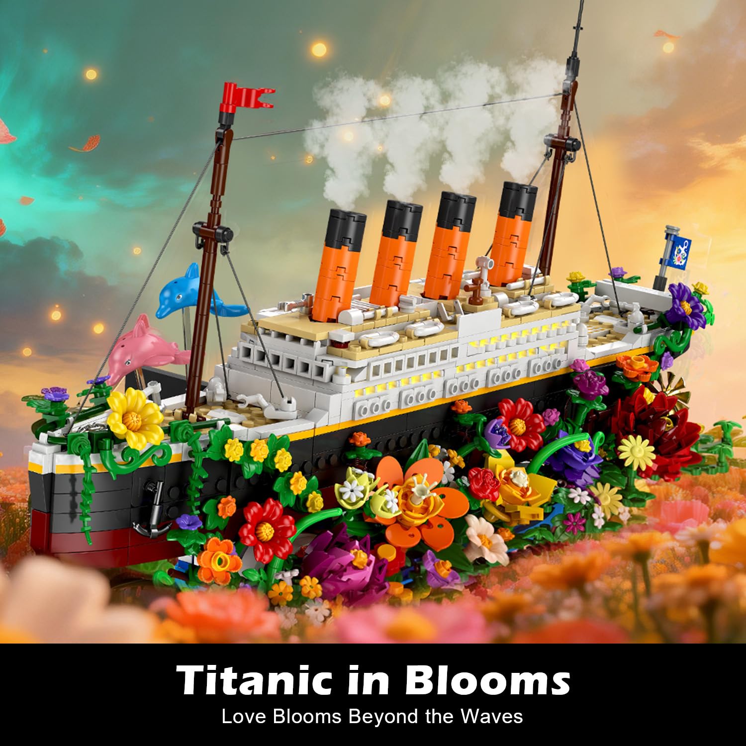 INSOON Titanic Blumen Klemmbausteine mit Licht für Erwachsene & Jugendliche | 1860 Teile Titanic-Schiffsmodell mit Blumen & Pflanzen, dekorative Bausteine, Geschenk für Jungen & Mädchen ab 12 Jahren