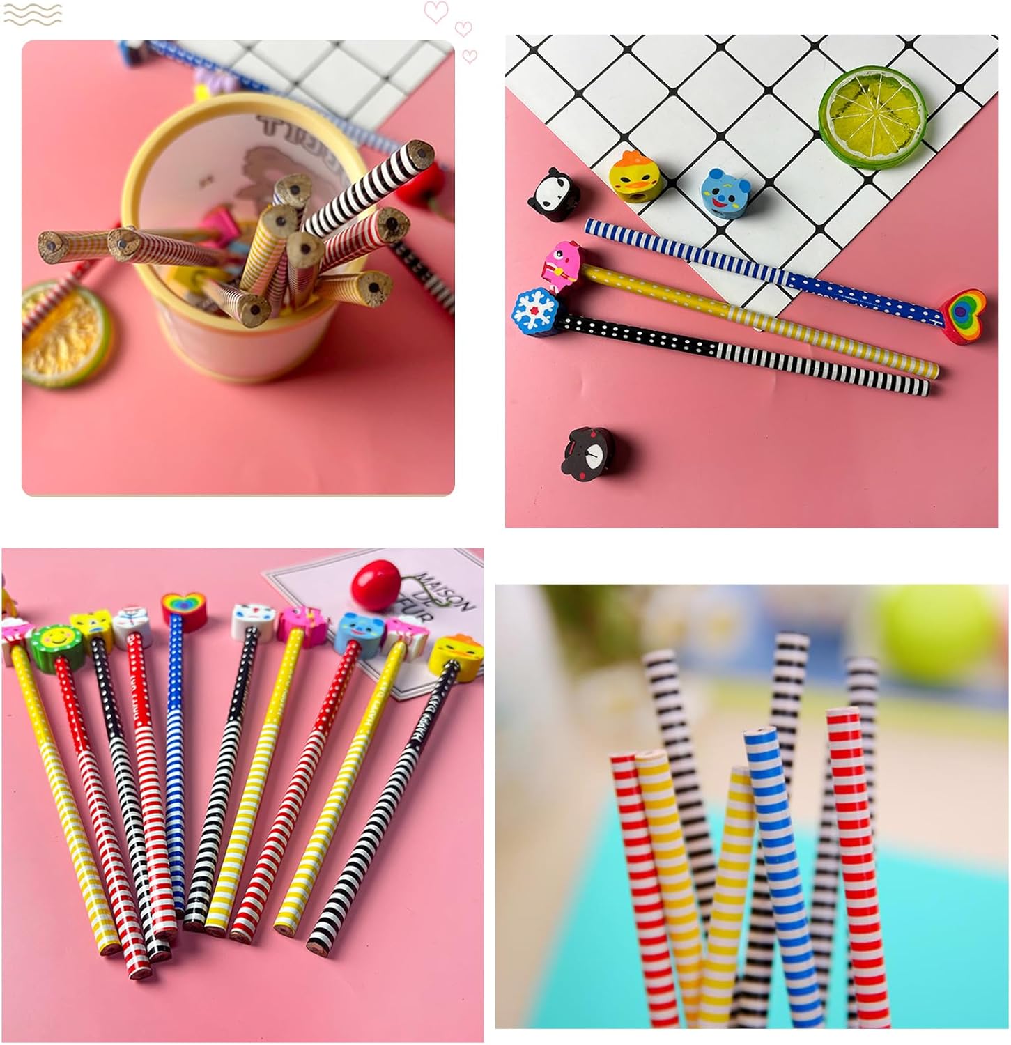 12Pcs Pencils Assorted Cartoon Stripe Colored Wooden Pencils for Supplies Prize Gift (animal fruits, 12)