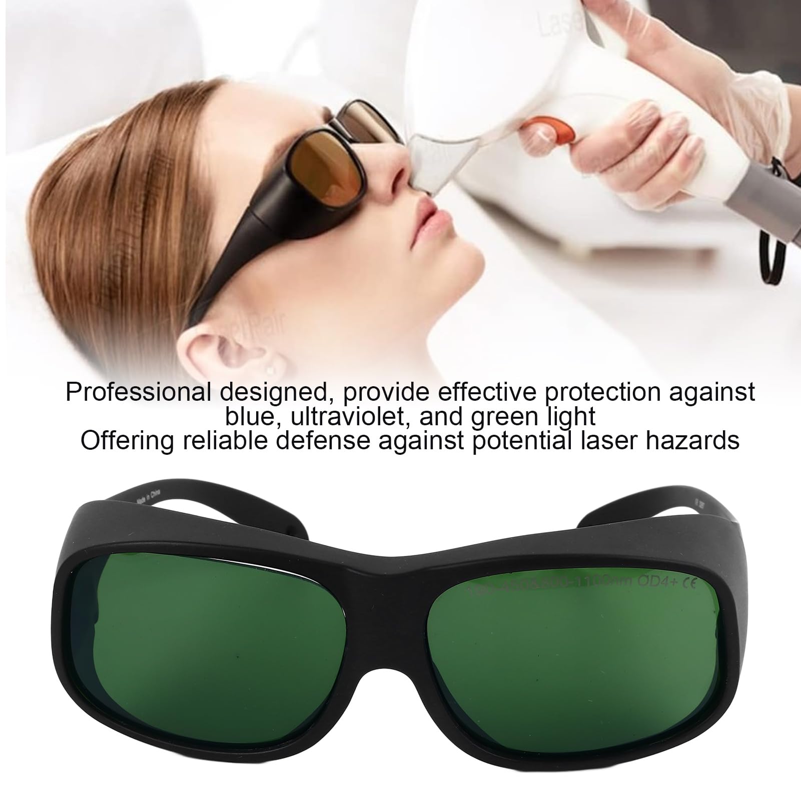 Laserowe Okulary Ochronne 1064nm Wysoka przepuszczalność Antylaserowa Ochrona Oczu dla Urządzenia OPT Beauty TR90 Materiał Czarna Ramka Zielona Soczewka OD4, do Zabiegów Upiększających