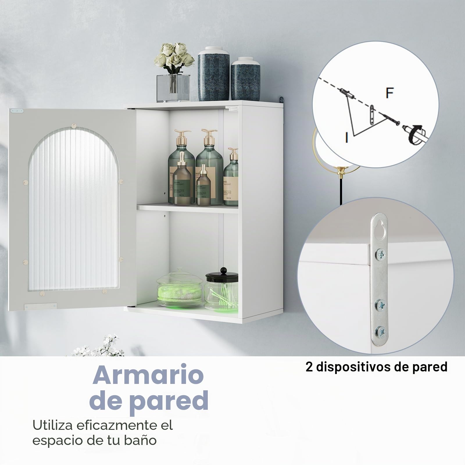 LIFEZEAL Mueble de baño de pared, mueble de cocina de pared, mueble colgante con puerta de cristal, estante ajustable, armario, armario, blanco, salvasapcio, moderno, de madera, 35 x 20 x 52,5 cm