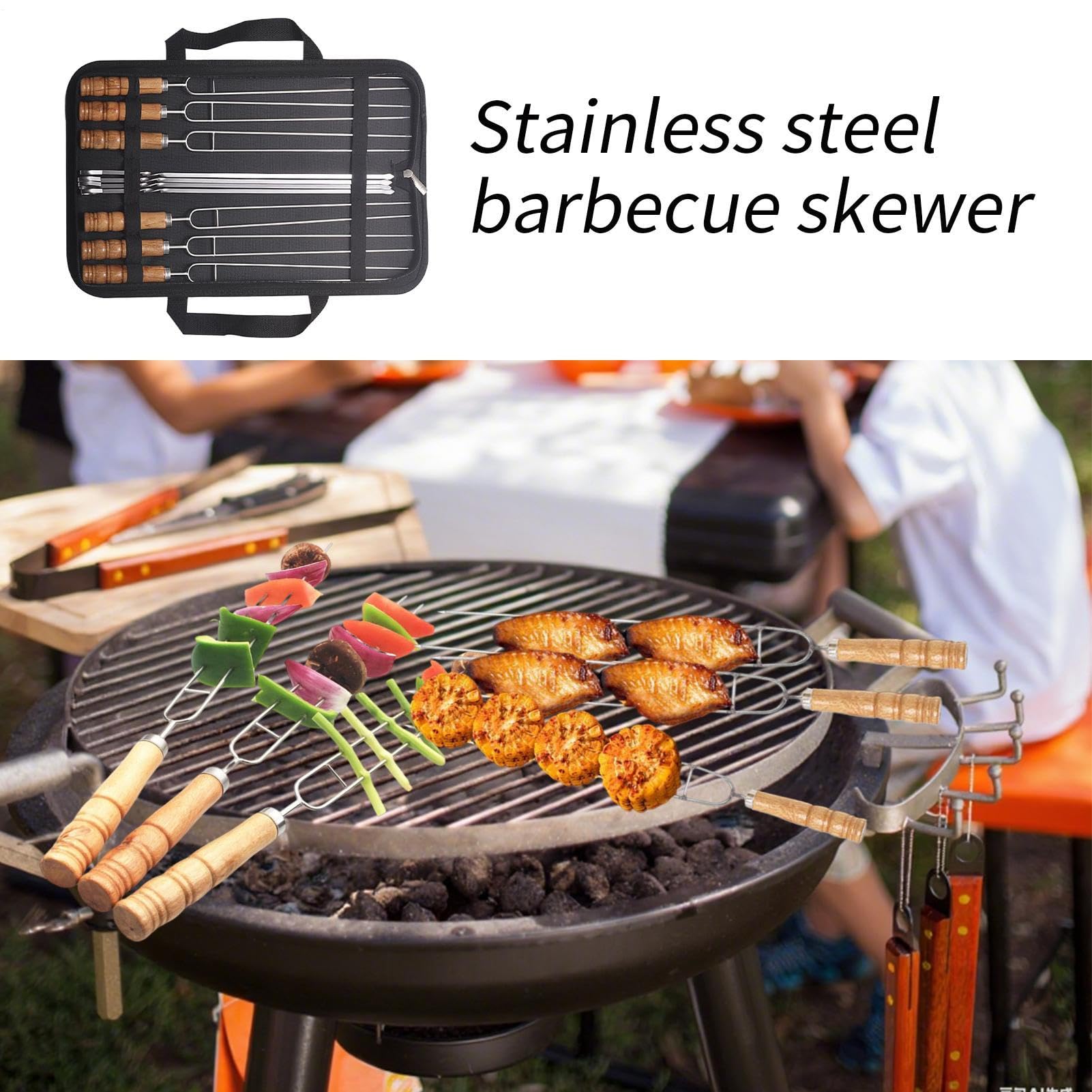 Brochetas Metálicas para Acero Inoxidable Plano Reutilizable Mangos Madera | 10 Piezas Palitos Metálicos de Barbacoa, Brochetas para pollo, carne, gambas, filetes, salchichas, exterior y picnic fa