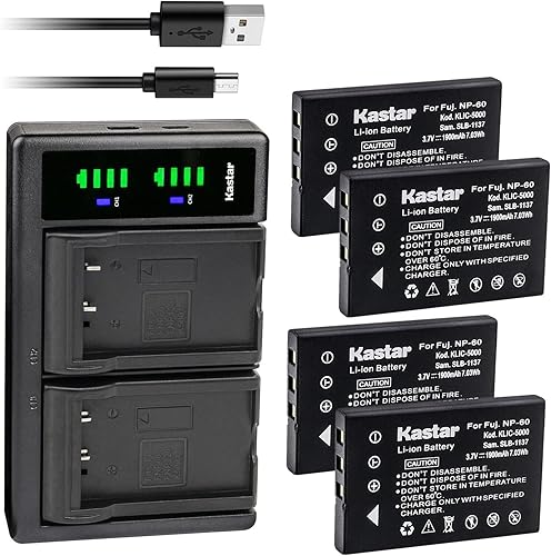 Miniatura 8 de Kastar Paquete de 2 baterías y cargador USB LTD2 de repuesto para Fujifilm NP-60 HP A1812A L1812A L1812B Photosmart R07 Q2232-80001, Kodak KLIC-5000