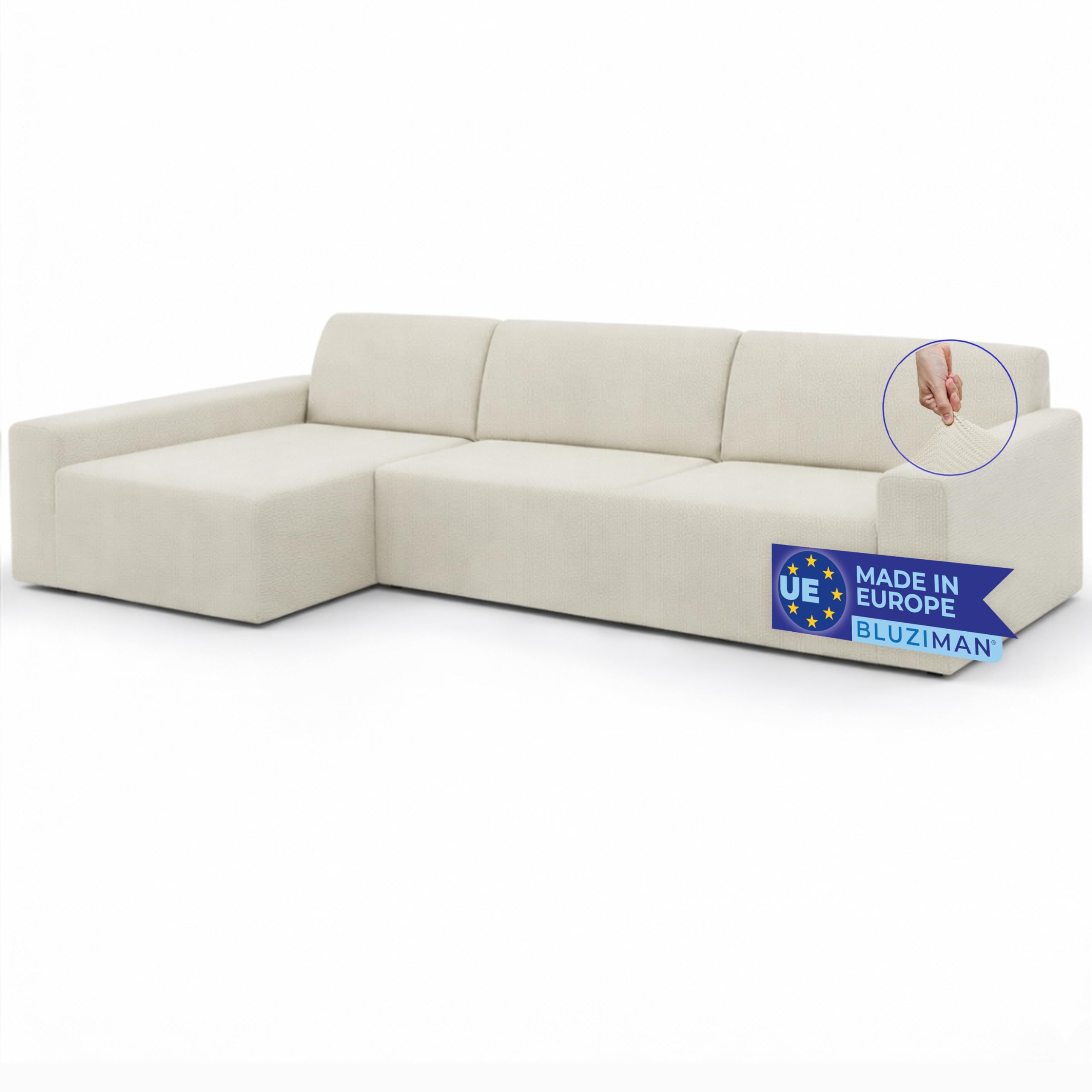 Copridivano Chaise Longue Elastico Avorio Fatto in Europa, Copri Divano con Penisola Universale Angolare, Tessuto Bielastico Qualità (Penisola a Sinistra-Vista Frontale, Bracciolo Lungo)