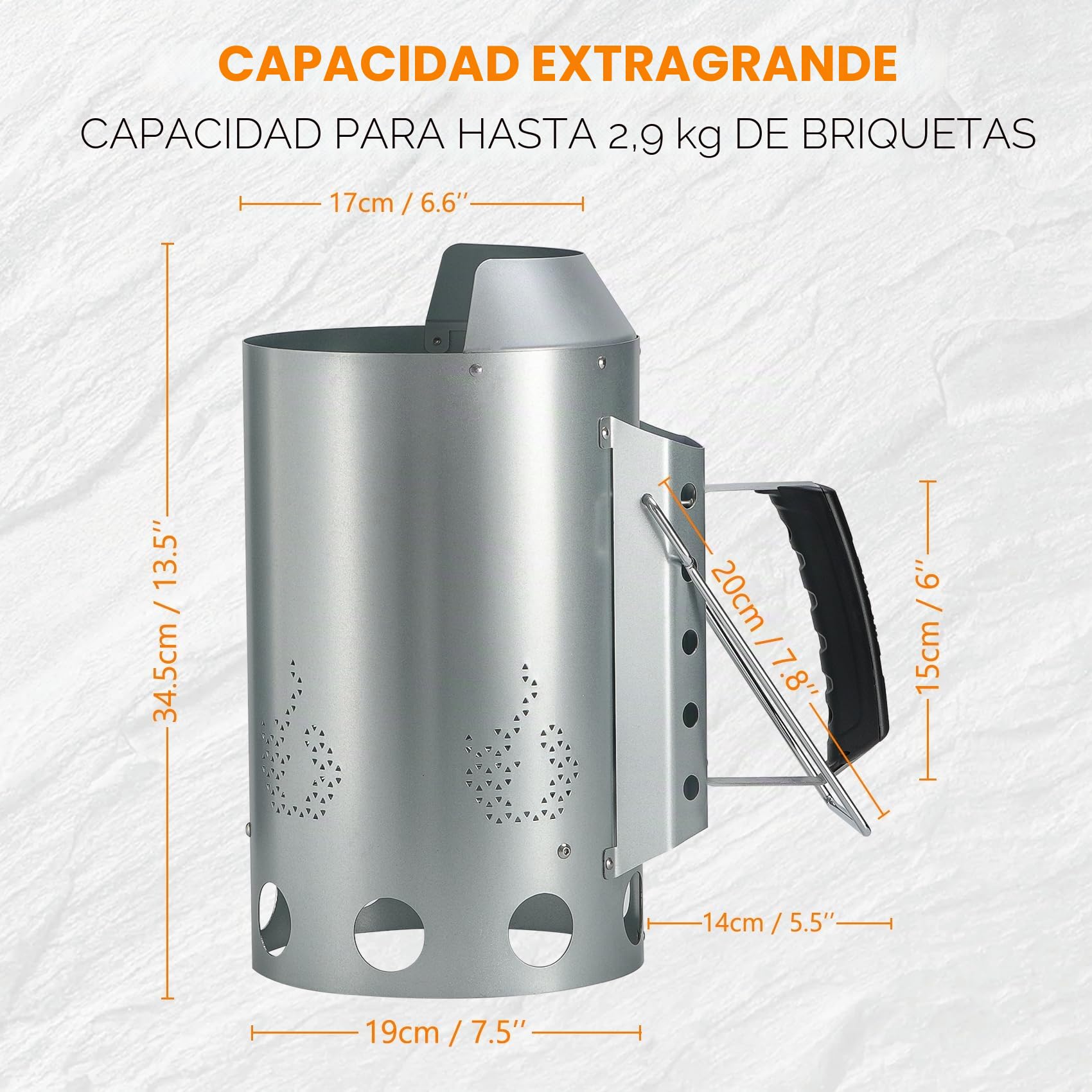 onlyfire Chimenea para Encender Barbacoa, Extra Grande Chimenea Barbacoa 34,5cm de Altura, Ø 19cm Chimenea Redonda para Barbacoa de Carbón, Briquetas, Encendedor Carbon de Acero Galvanizado