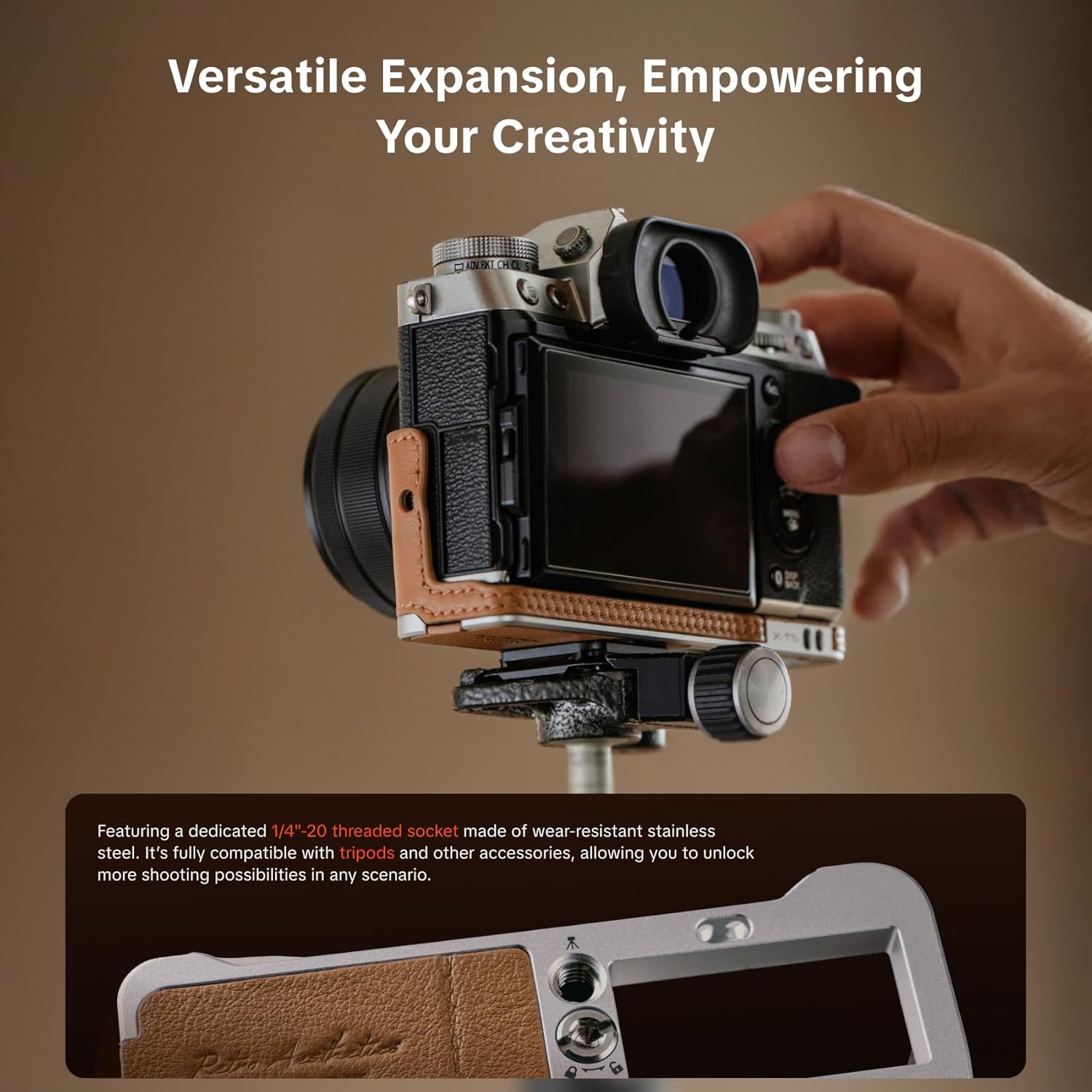 PGYTECH Genuine Leather Camera Half Case for FUJIFILM X100 VI, Retro Style Leather Protector with Integrated Grip Handle, Aluminum Alloy Base & SD Card Slot (Clay Brown)