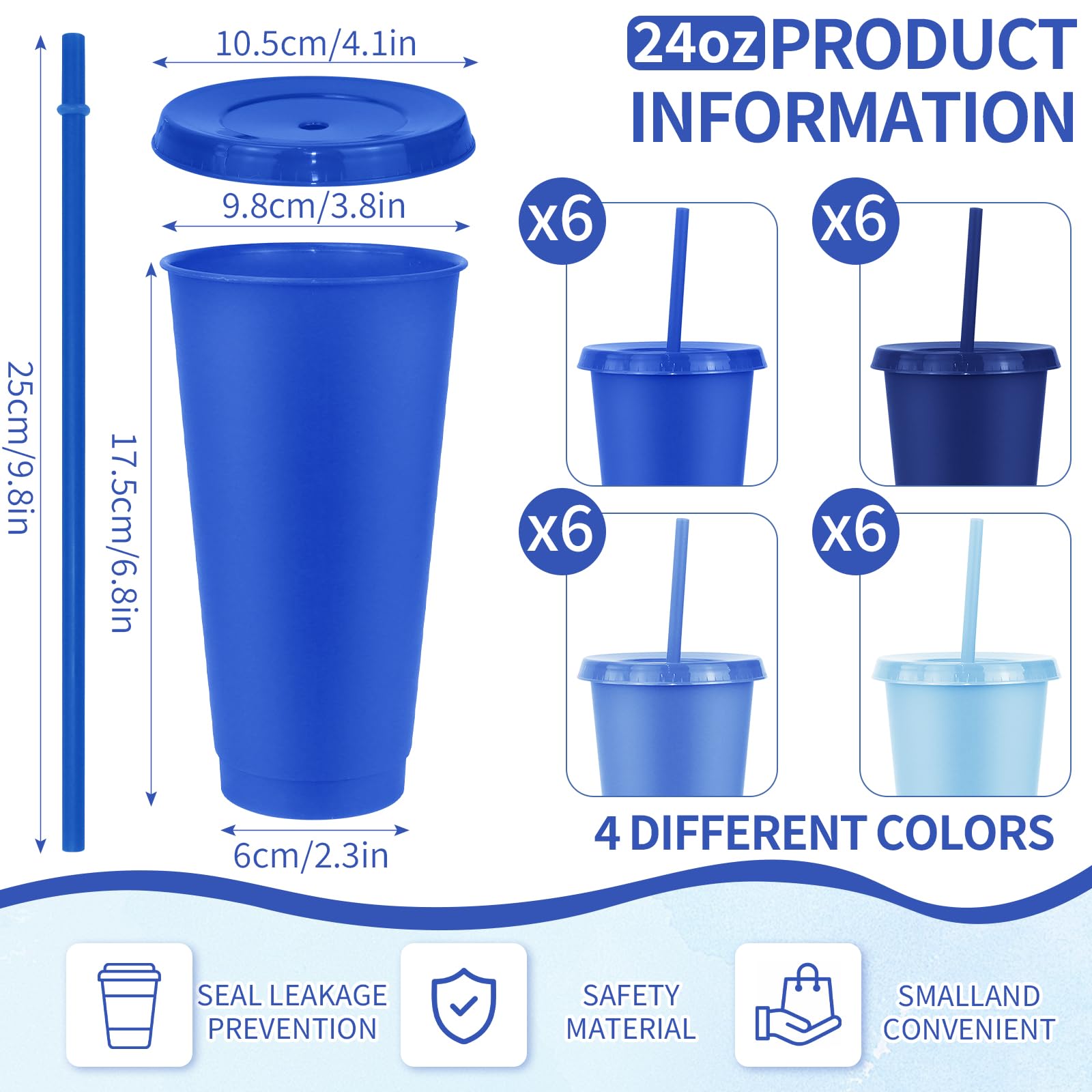 MSYU Lot de 24 grands gobelets en plastique réutilisables avec couvercles et pailles, 710 ml, pour café, boissons, fête, fête prénatale, anniversaire (gris bleu)