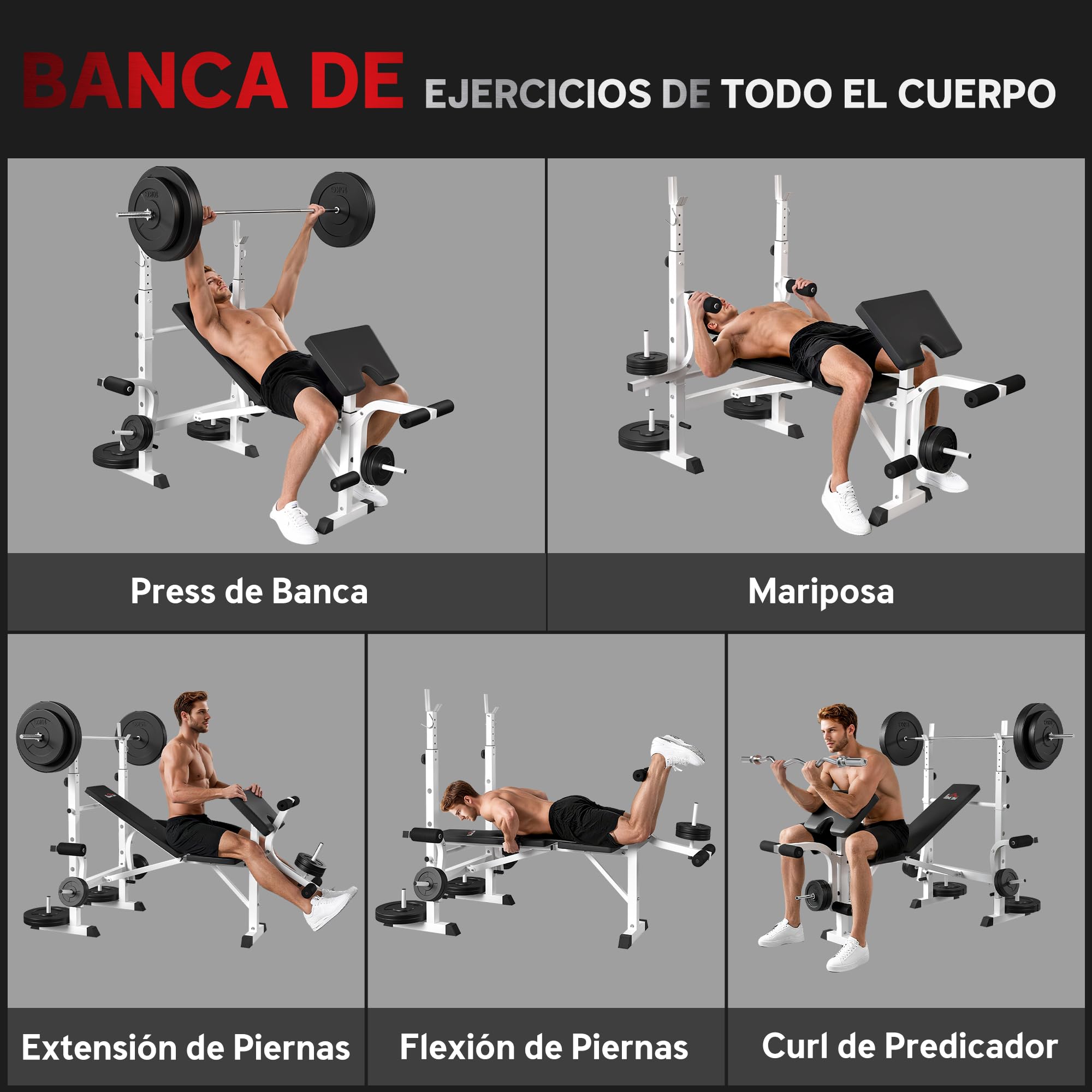 HOMCOM Banco de Musculación Multifuncional Inclinable, Banco de Pesas, Press Banca con Soporte para Barra Ajustable, Extensión de Piernas, Curl de Predicador, Mariposa, Entrenamiento en Casa, Gimnasio