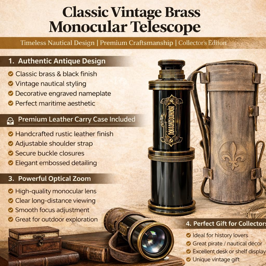 Vintage Brass Spyglass Telescope with Compass in Wooden Carry Case, Nautical Spyglass for Explorer Display and Antique Decor Gift