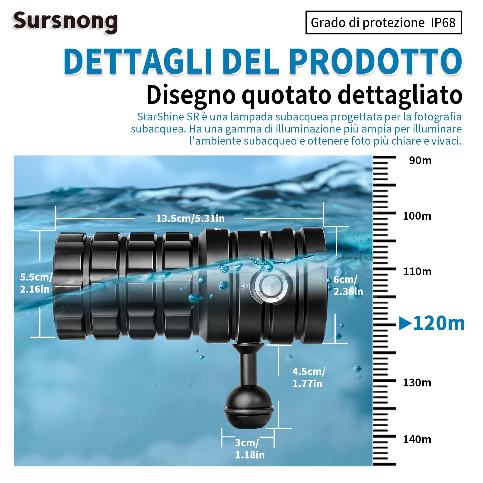 SR 10000 Lumens Torcia Subacquea Video - torcia subacquea professionale con 95 CRI, luce bianca 6500K, per immersioni/fotografia subacquea/videografia (impermeabile IP68, profondità 120m)