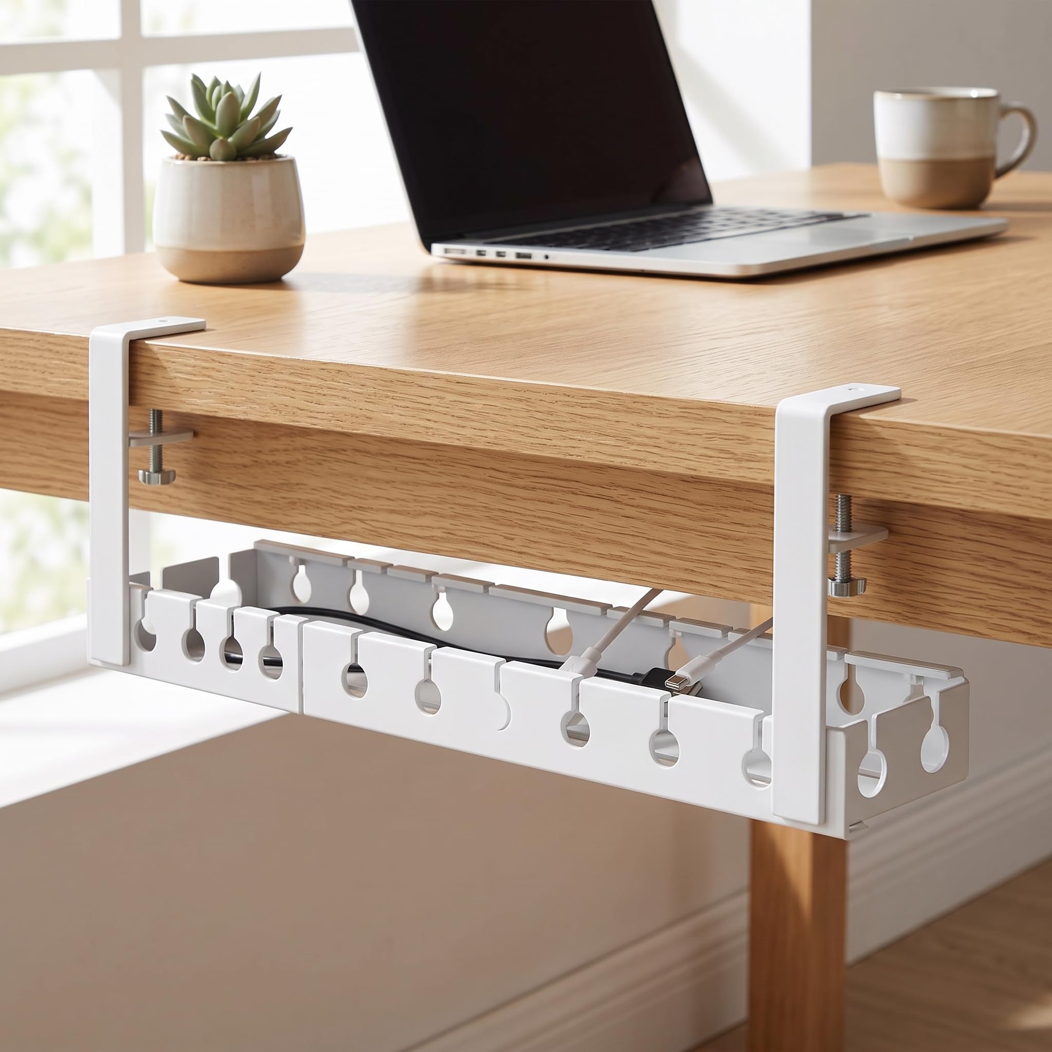 Contenitore Cavi Sotto Scrivania con Morsetto, Gestione Cavi Elettrici in Metallo per Ufficio, Capacità 20kg, per Elettronica, Bianco, Estensibile