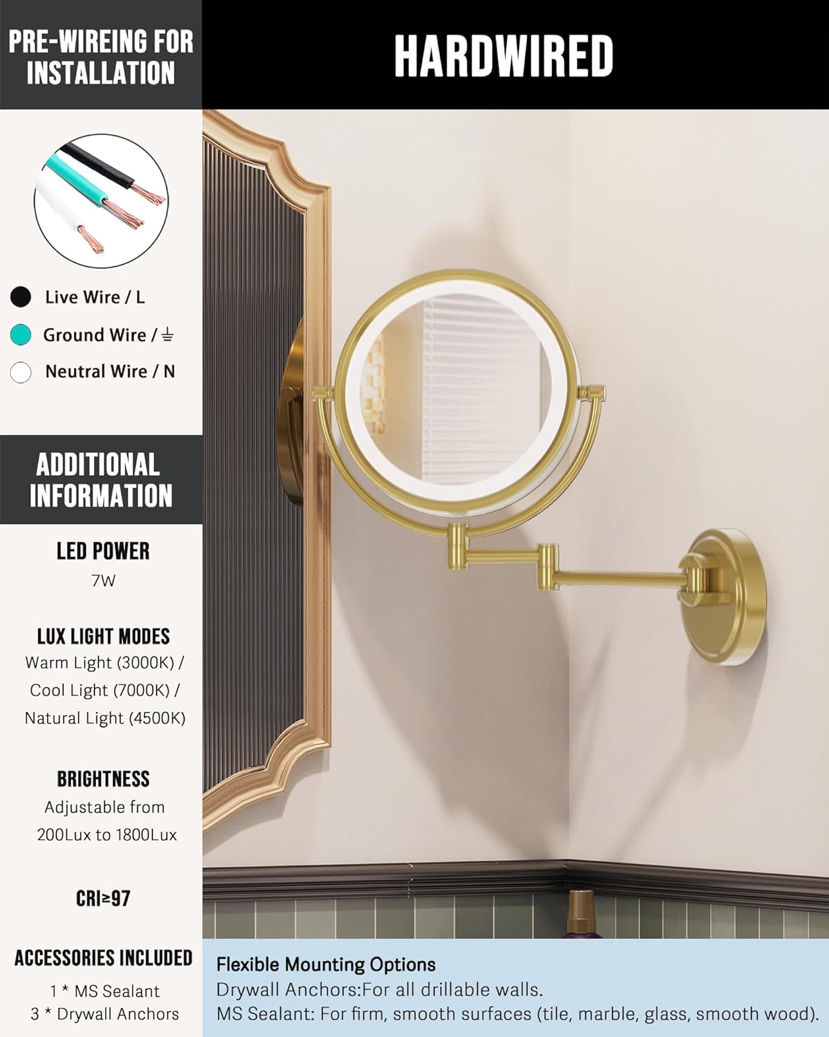 10" Wall Mounted Makeup Mirror with Light and Magnification, 3 Color LED, 1X/5X Wall Mount Magnifying Mirror with Extension Arm Gold for Bathroom, Hardwired, Brushed Moderne Brass