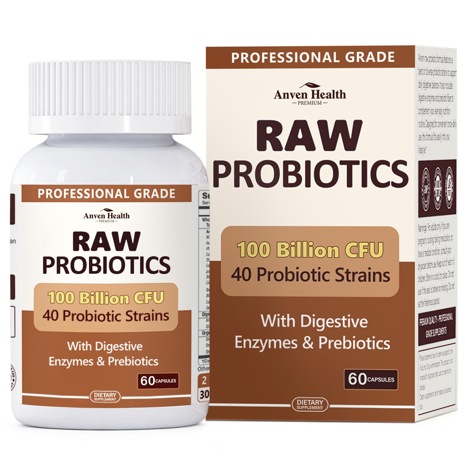 Anven Health Probiótico com prebióticos e enzimas digestivas, 100 bilhões de UFC, 40 cepas, 60 cápsulas
