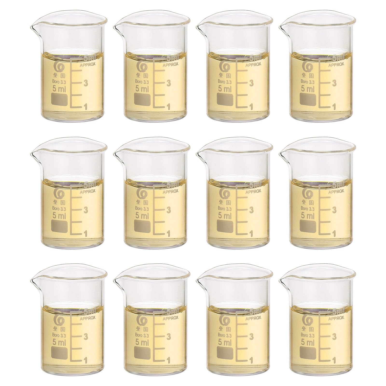 PATIKIL Messbecher mit niedriger Form, 5 ml, 12 Stück, 3,3 Borosilikatglas, abgestufter Messkrug mit Ausgießer für Laborexperimente, Kochen und Backen, transparent