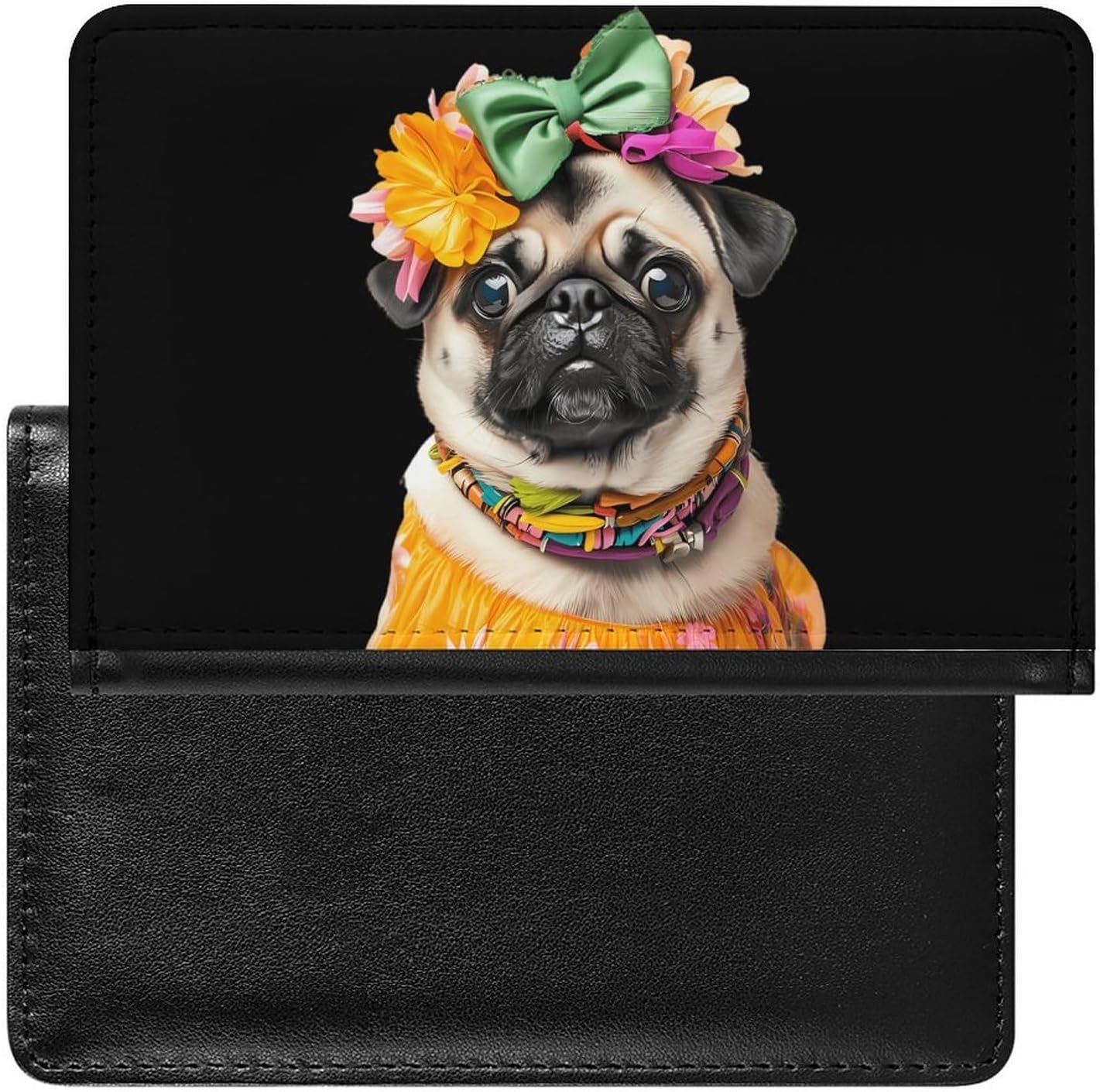 Pug Dog Cute Passport Holder, Travel Wallet PU Bifold Passport Cover Case with Card Slots